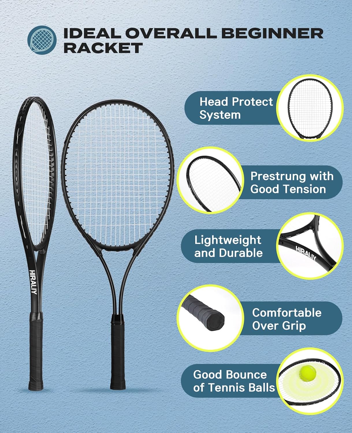RAQUETA DE TENIS HIRALIY 27 PULGADAS PARA ADULTOS CON PELOTA Y BOLSA - 4