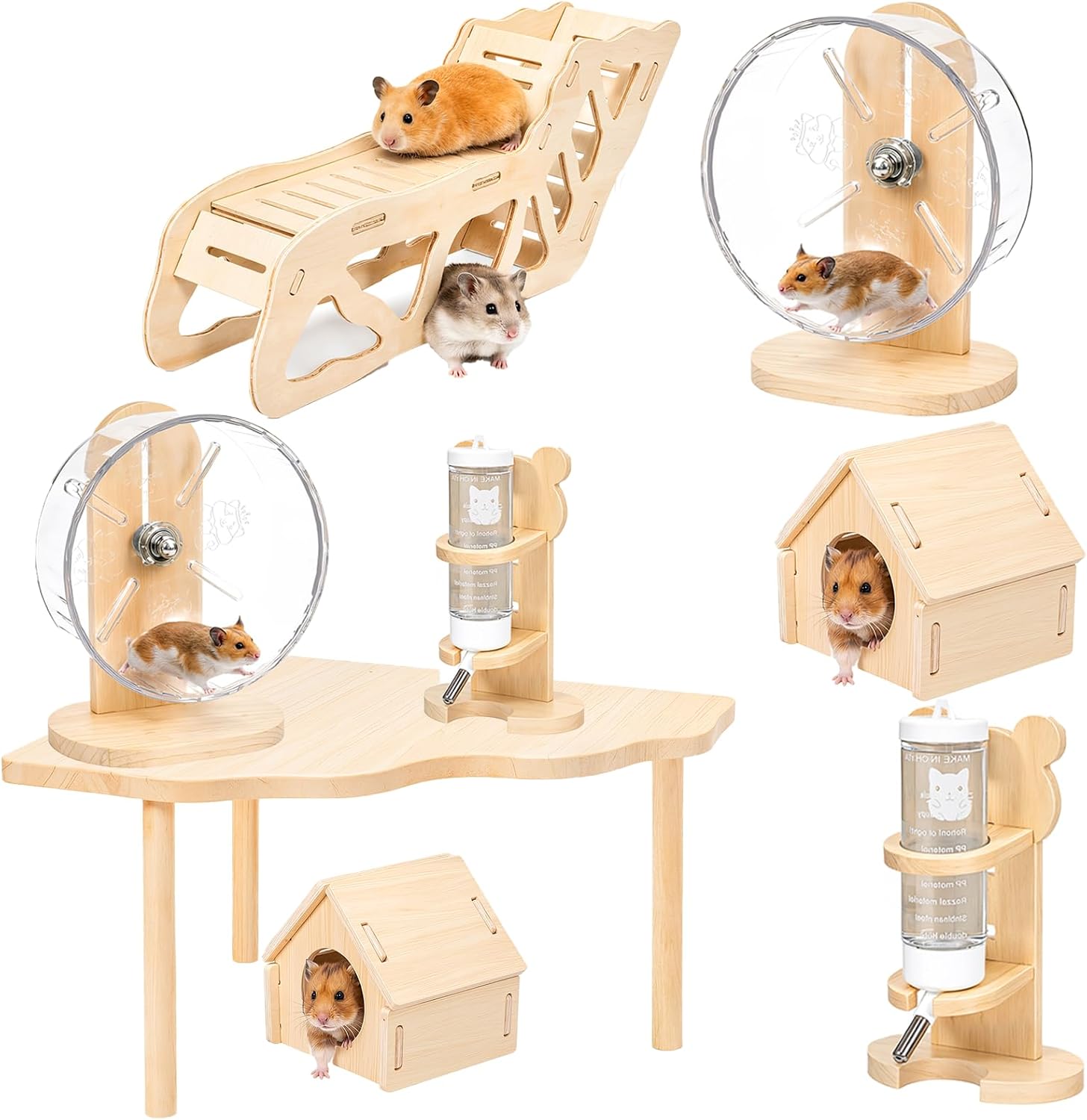 SET DE ACCESORIOS DE MADERA PARA HÁMSTER NOVABRIGHT 5 PIEZAS CON RUEDA Y CASA - 1