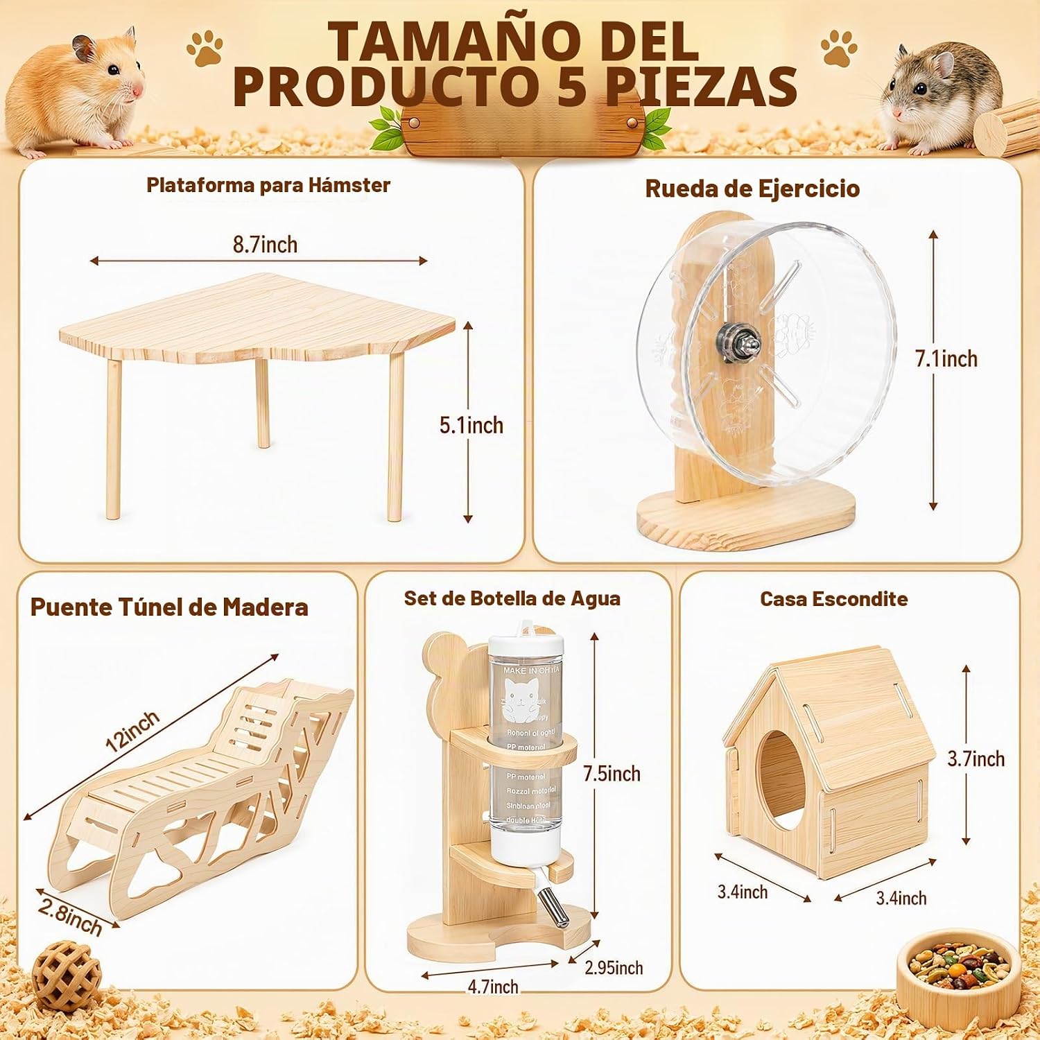 SET DE ACCESORIOS DE MADERA PARA HÁMSTER NOVABRIGHT 5 PIEZAS CON RUEDA Y CASA - 2
