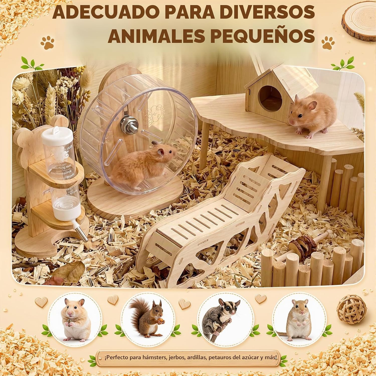 SET DE ACCESORIOS DE MADERA PARA HÁMSTER NOVABRIGHT 5 PIEZAS CON RUEDA Y CASA - 3