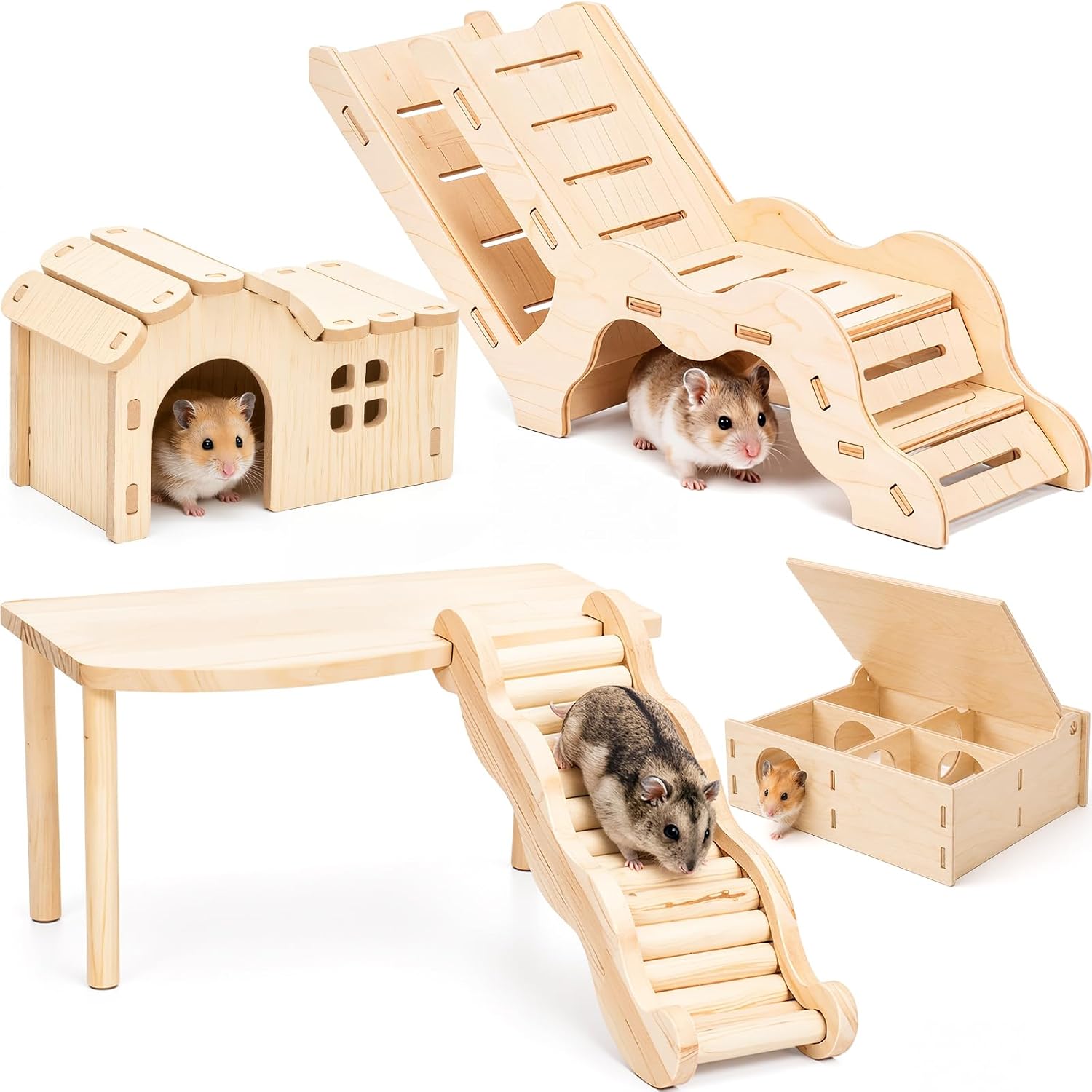 SET DE 5 PLATAFORMAS DE MADERA NOVABRIGHT PARA HÁMSTER CON TÚNEL, ESCALERA Y CASITA - 1