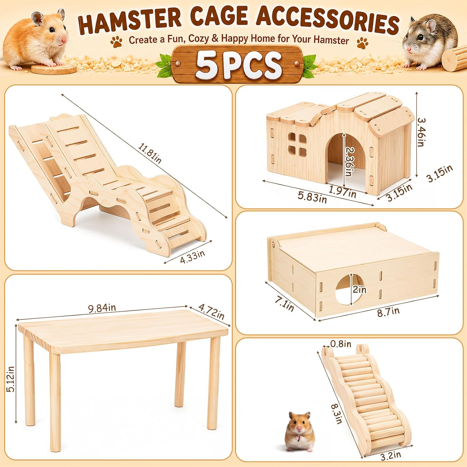 SET DE 5 PLATAFORMAS DE MADERA NOVABRIGHT PARA HÁMSTER CON TÚNEL, ESCALERA Y CASITA - 2