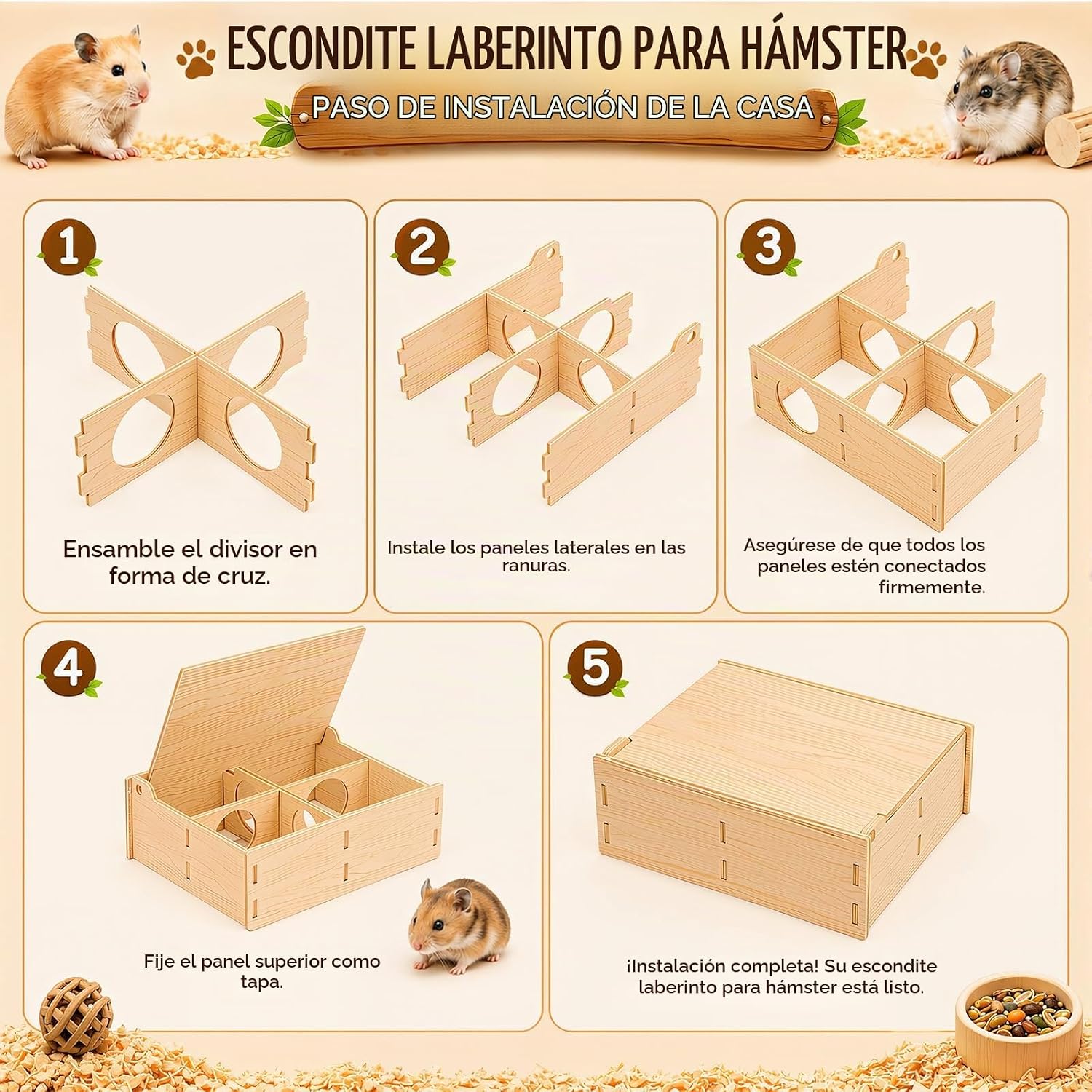 SET DE 5 PLATAFORMAS DE MADERA NOVABRIGHT PARA HÁMSTER CON TÚNEL, ESCALERA Y CASITA - 3