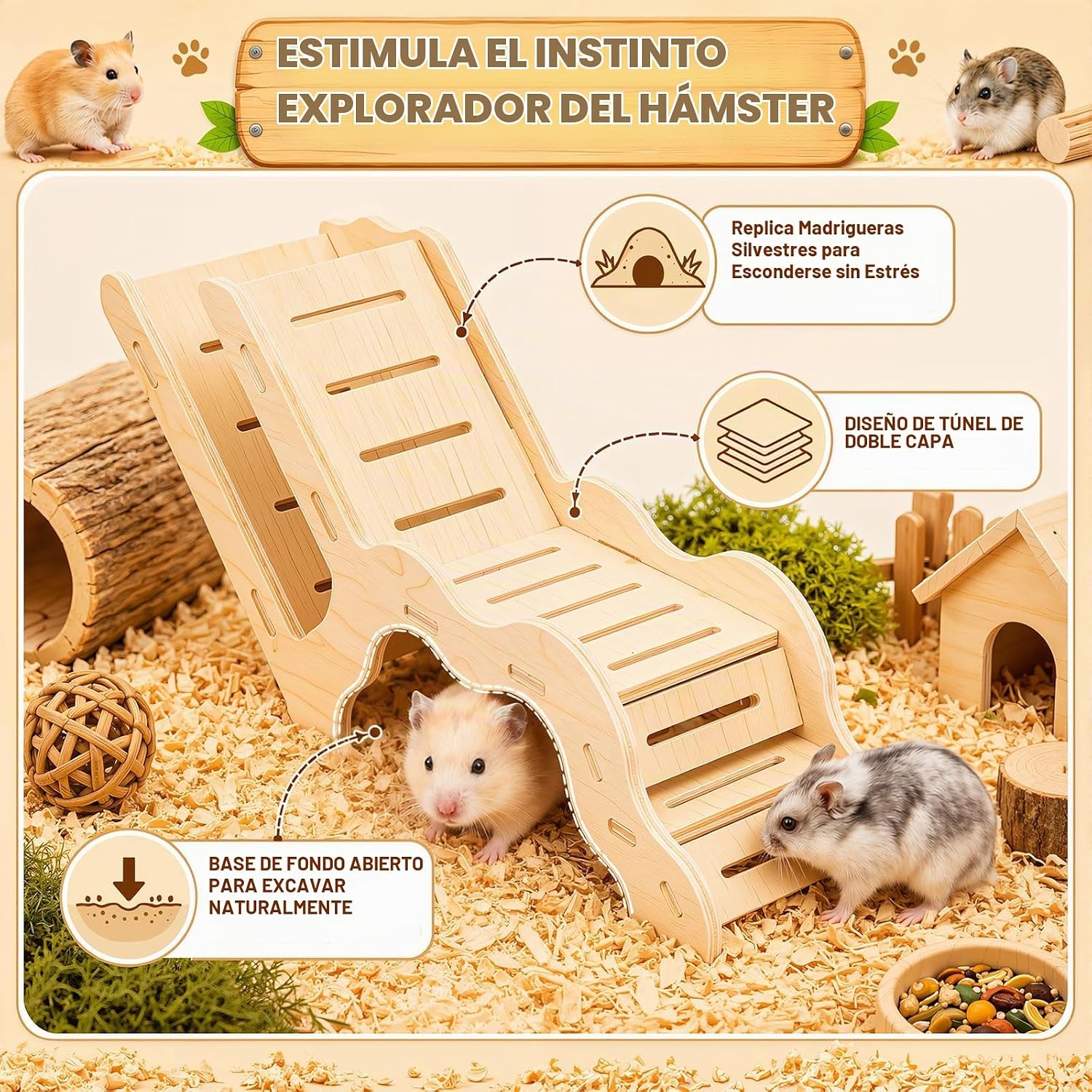 SET DE 5 PLATAFORMAS DE MADERA NOVABRIGHT PARA HÁMSTER CON TÚNEL, ESCALERA Y CASITA - 4