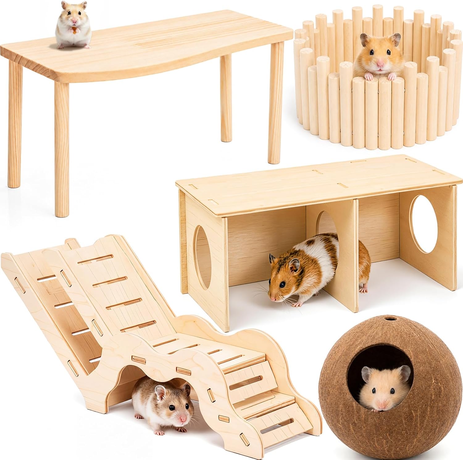 SET DE 5 PLATAFORMAS DE MADERA PARA HÁMSTER NOVABRIGHT CON CASA, TÚNEL Y NIDO DE COCO - 1