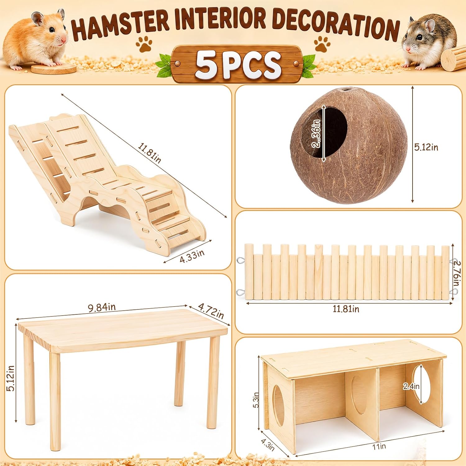SET DE 5 PLATAFORMAS DE MADERA PARA HÁMSTER NOVABRIGHT CON CASA, TÚNEL Y NIDO DE COCO - 2