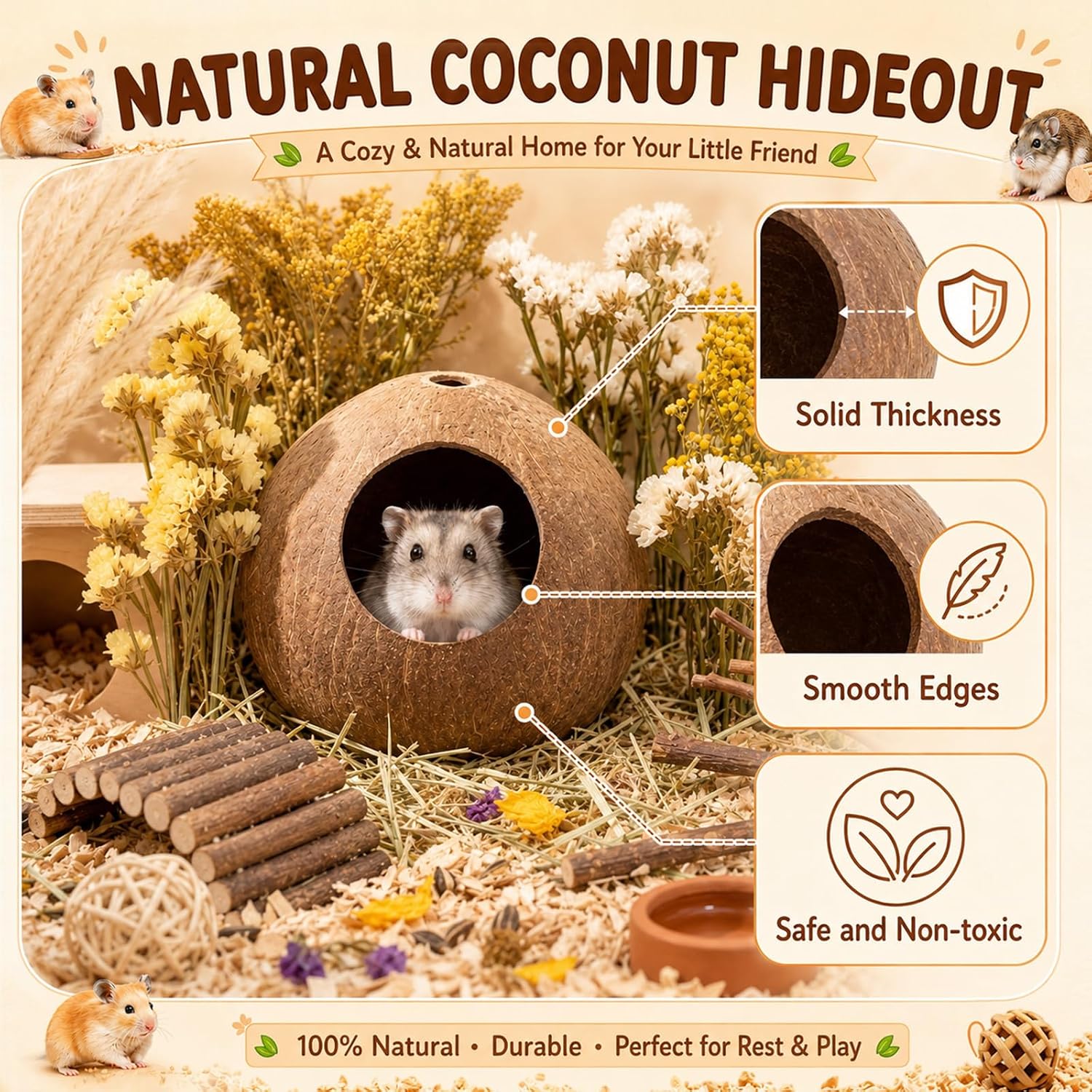 SET DE 5 PLATAFORMAS DE MADERA PARA HÁMSTER NOVABRIGHT CON CASA, TÚNEL Y NIDO DE COCO - 3