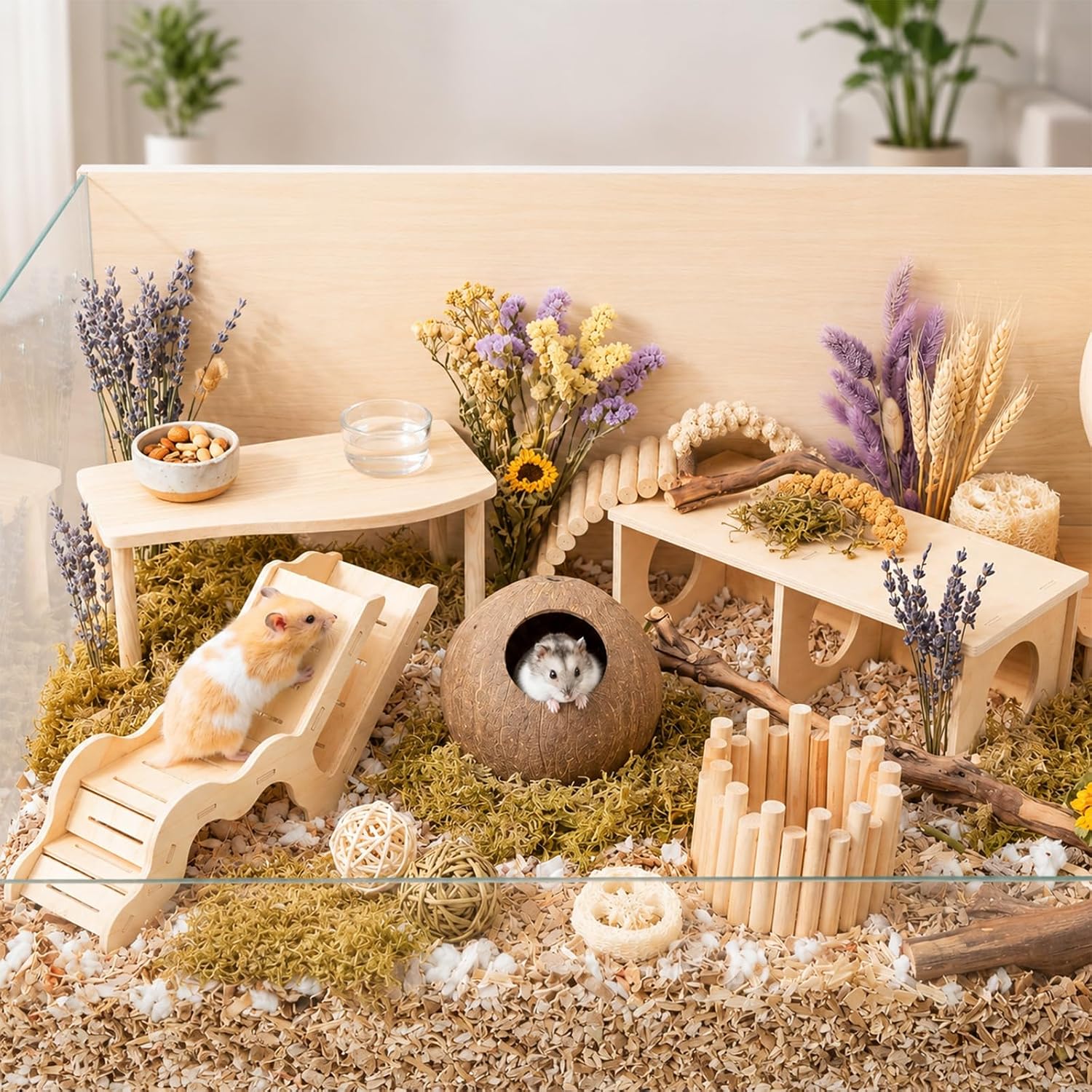 SET DE 5 PLATAFORMAS DE MADERA PARA HÁMSTER NOVABRIGHT CON CASA, TÚNEL Y NIDO DE COCO - 4
