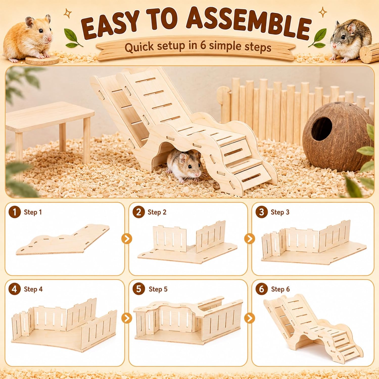 SET DE 5 PLATAFORMAS DE MADERA PARA HÁMSTER NOVABRIGHT CON CASA, TÚNEL Y NIDO DE COCO - 5