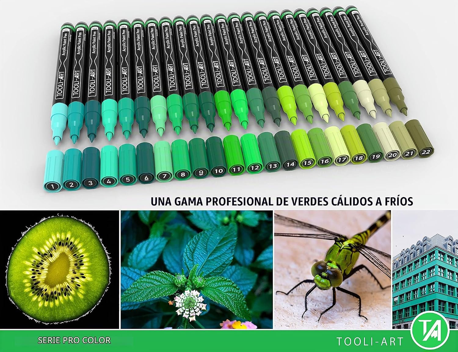 MARCADORES DE PINTURA ACRÍLICA TOOLI-ART 22 TONOS VERDES PUNTA EXTRA FINA 0.7MM - 2