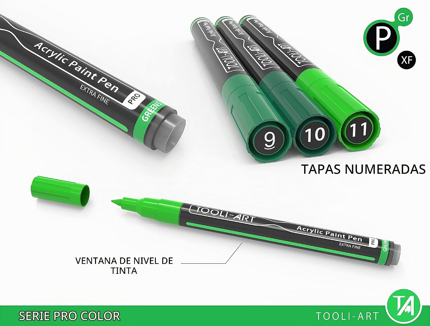MARCADORES DE PINTURA ACRÍLICA TOOLI-ART 22 TONOS VERDES PUNTA EXTRA FINA 0.7MM - 3