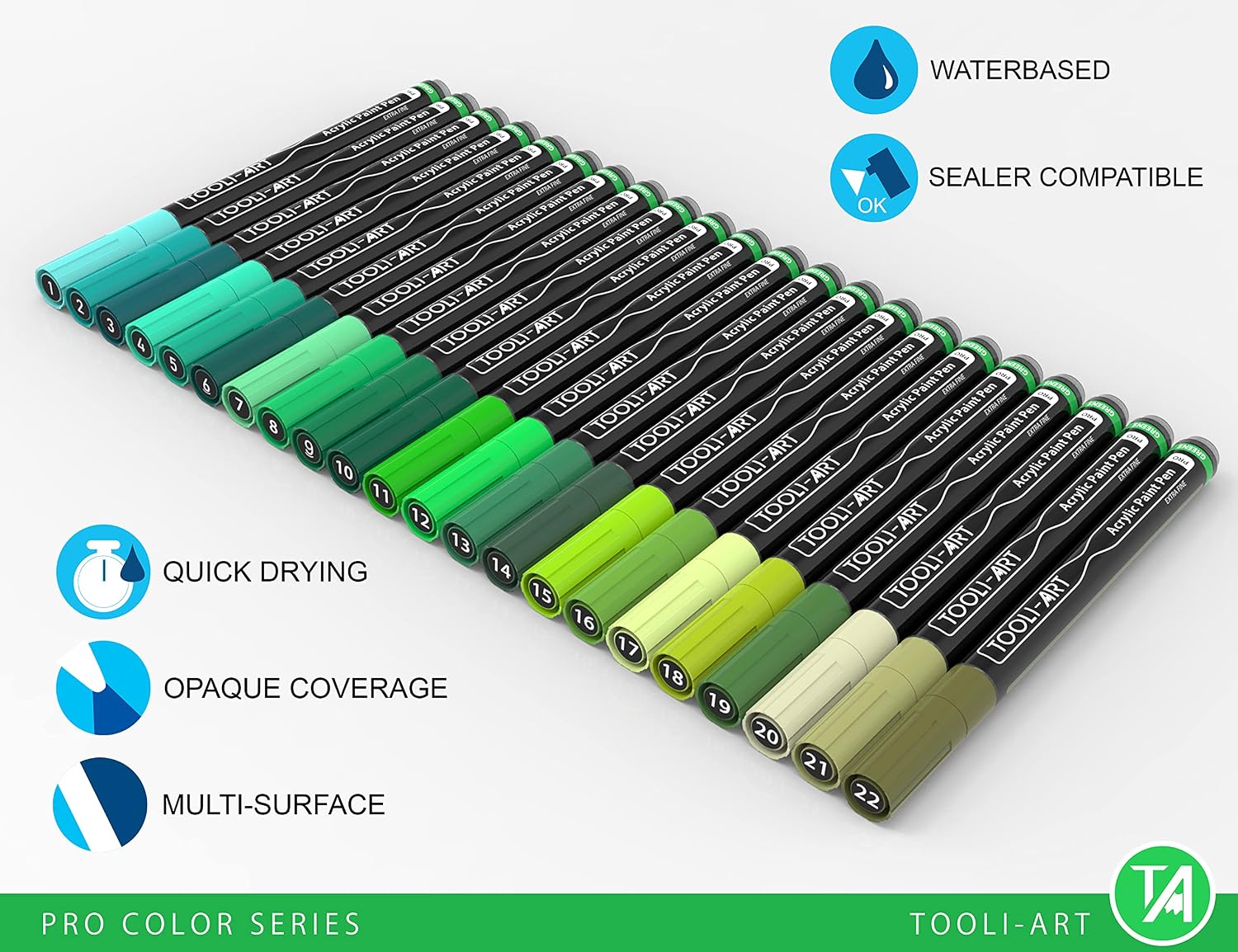 MARCADORES DE PINTURA ACRÍLICA TOOLI-ART 22 TONOS VERDES PUNTA EXTRA FINA 0.7MM - 4