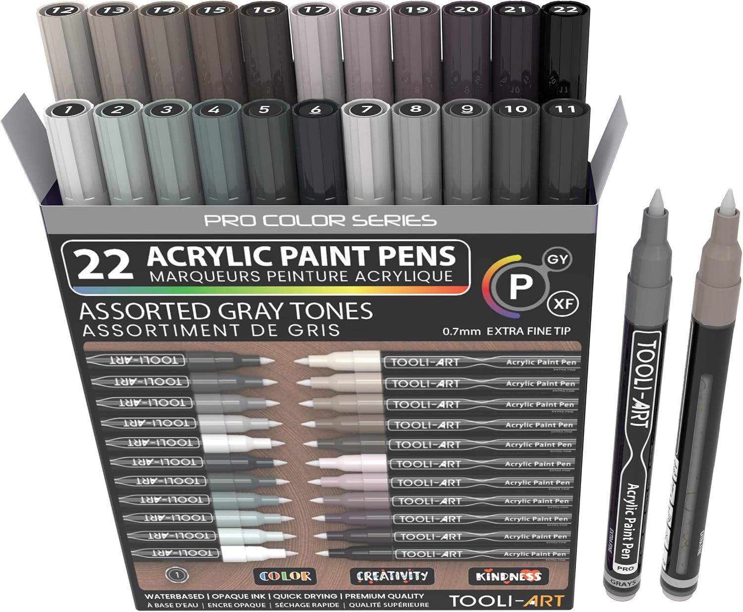 MARCADORES DE PINTURA ACRÍLICA TOOLI-ART 22 TONOS GRISES PUNTA EXTRA FINA 0.7MM - 1