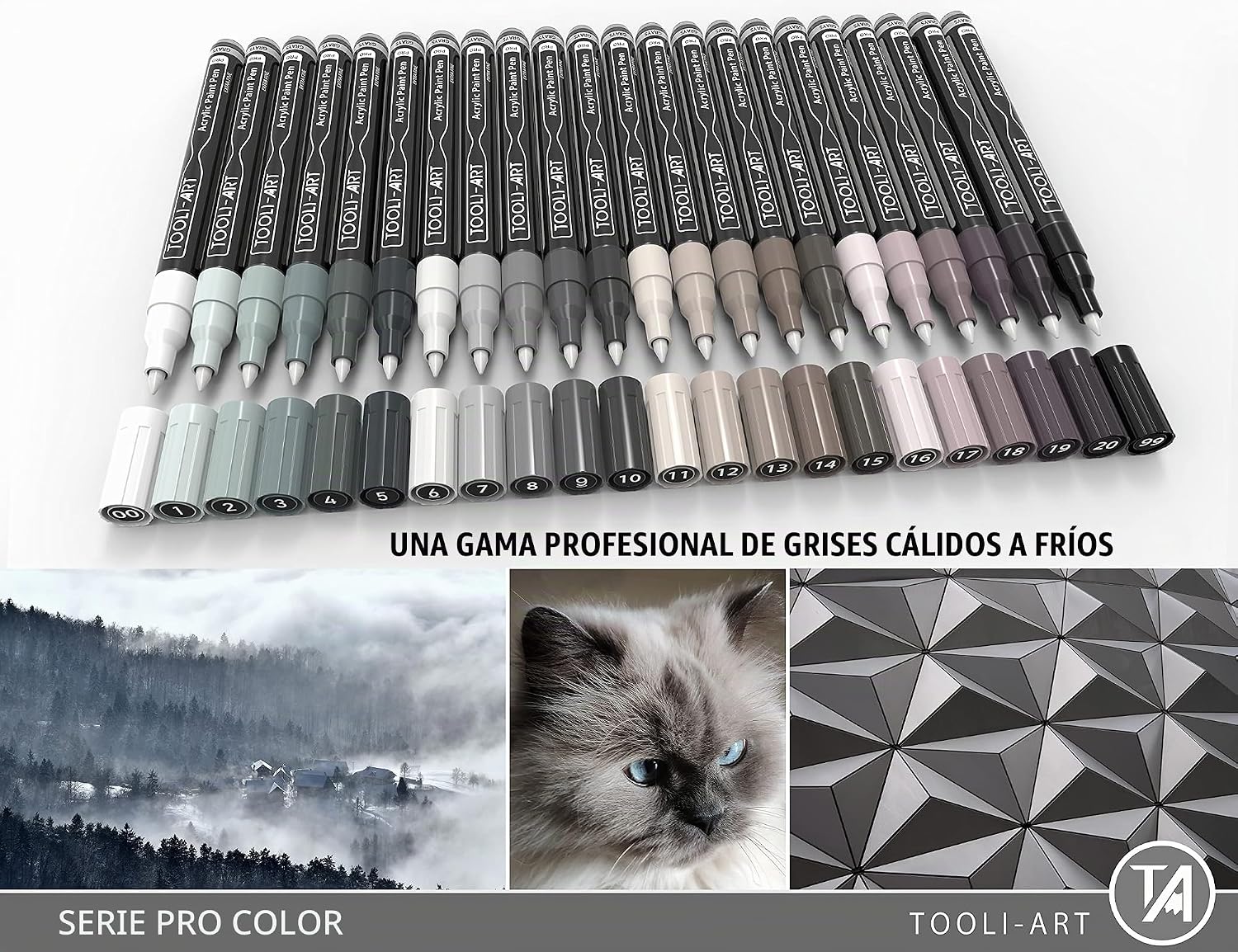 MARCADORES DE PINTURA ACRÍLICA TOOLI-ART 22 TONOS GRISES PUNTA EXTRA FINA 0.7MM - 2