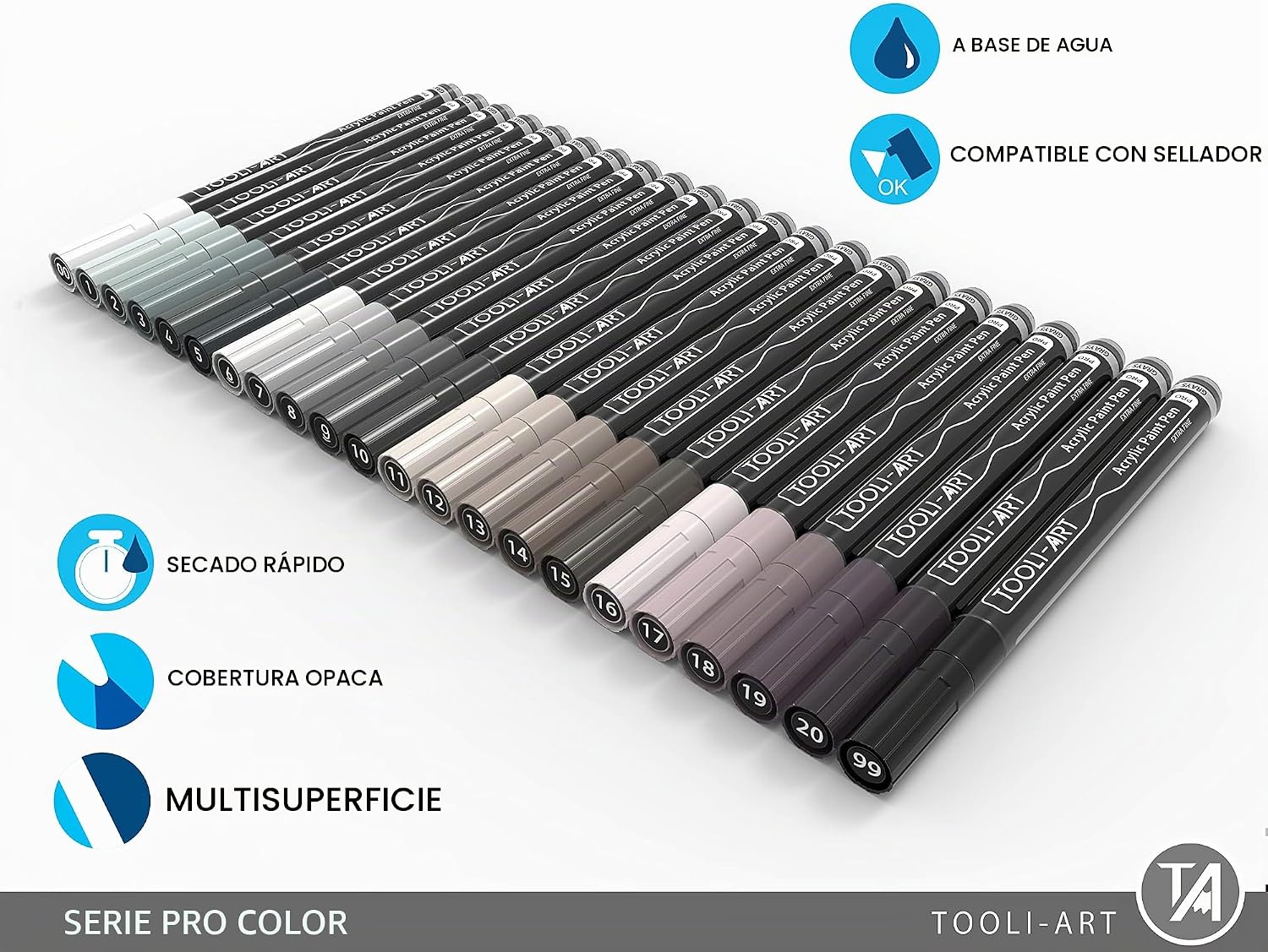 MARCADORES DE PINTURA ACRÍLICA TOOLI-ART 22 TONOS GRISES PUNTA EXTRA FINA 0.7MM - 3