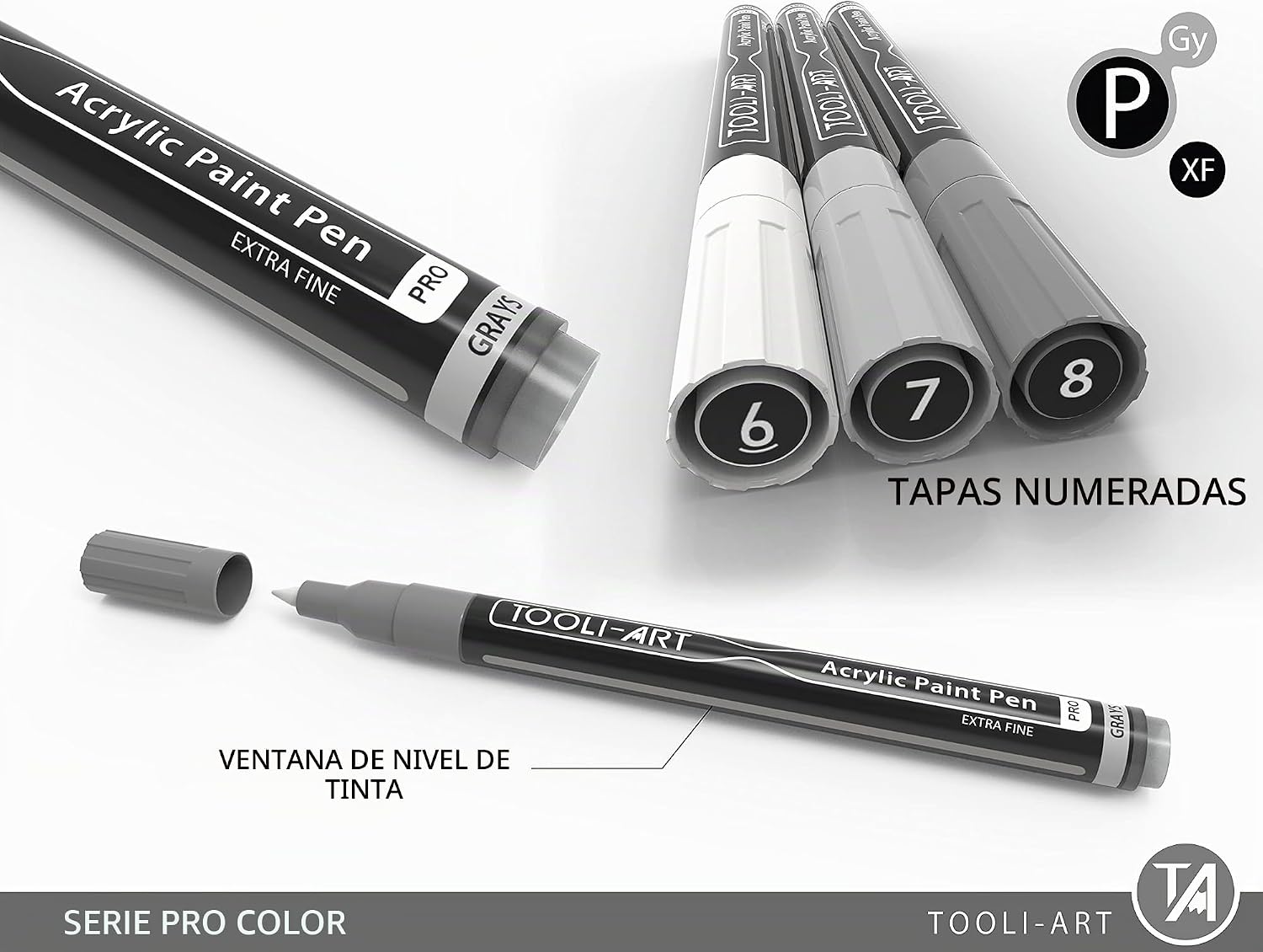 MARCADORES DE PINTURA ACRÍLICA TOOLI-ART 22 TONOS GRISES PUNTA EXTRA FINA 0.7MM - 5