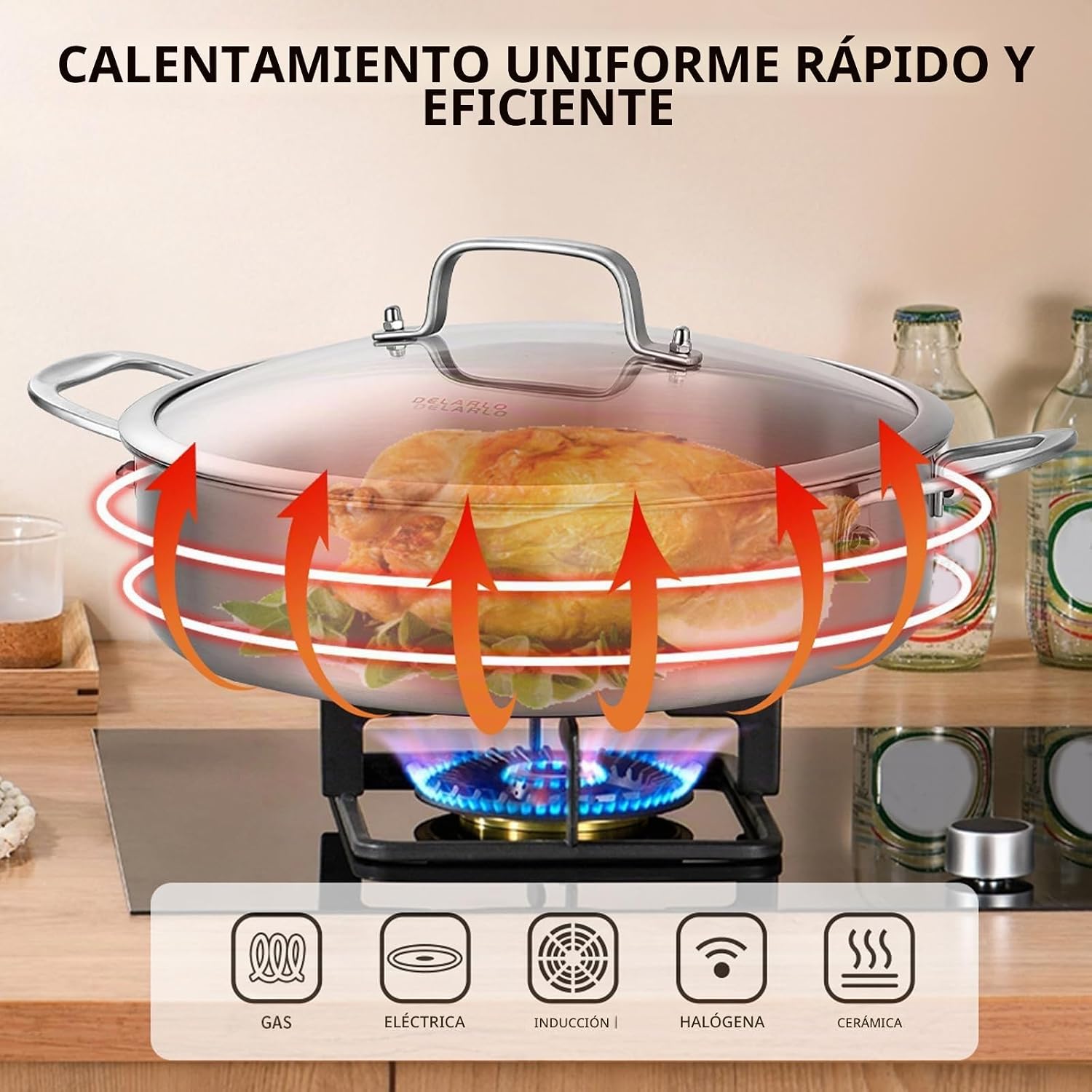 SARTÉN DELARLO 7QT ACERO INOXIDABLE CON TAPA 12 PULGADAS - 3