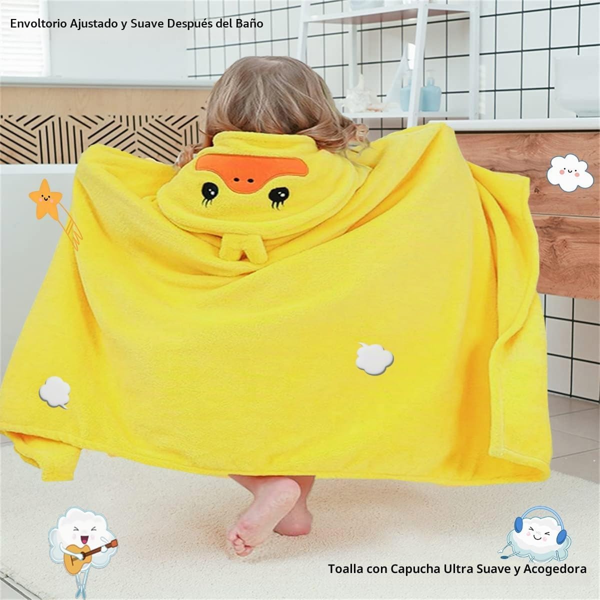 TOALLA DE BAÑO CON CAPUCHA PARA BEBÉS Y NIÑOS IFARYMES 70X140 CM AMARILLO - 3