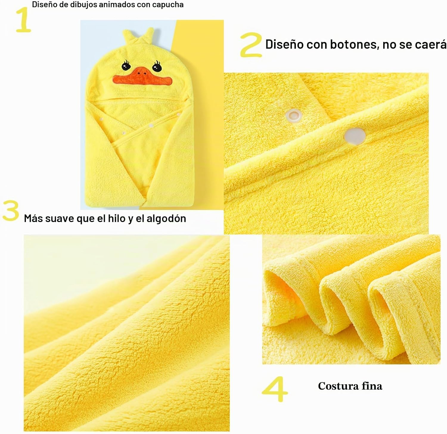 TOALLA DE BAÑO CON CAPUCHA PARA BEBÉS Y NIÑOS IFARYMES 70X140 CM AMARILLO - 4