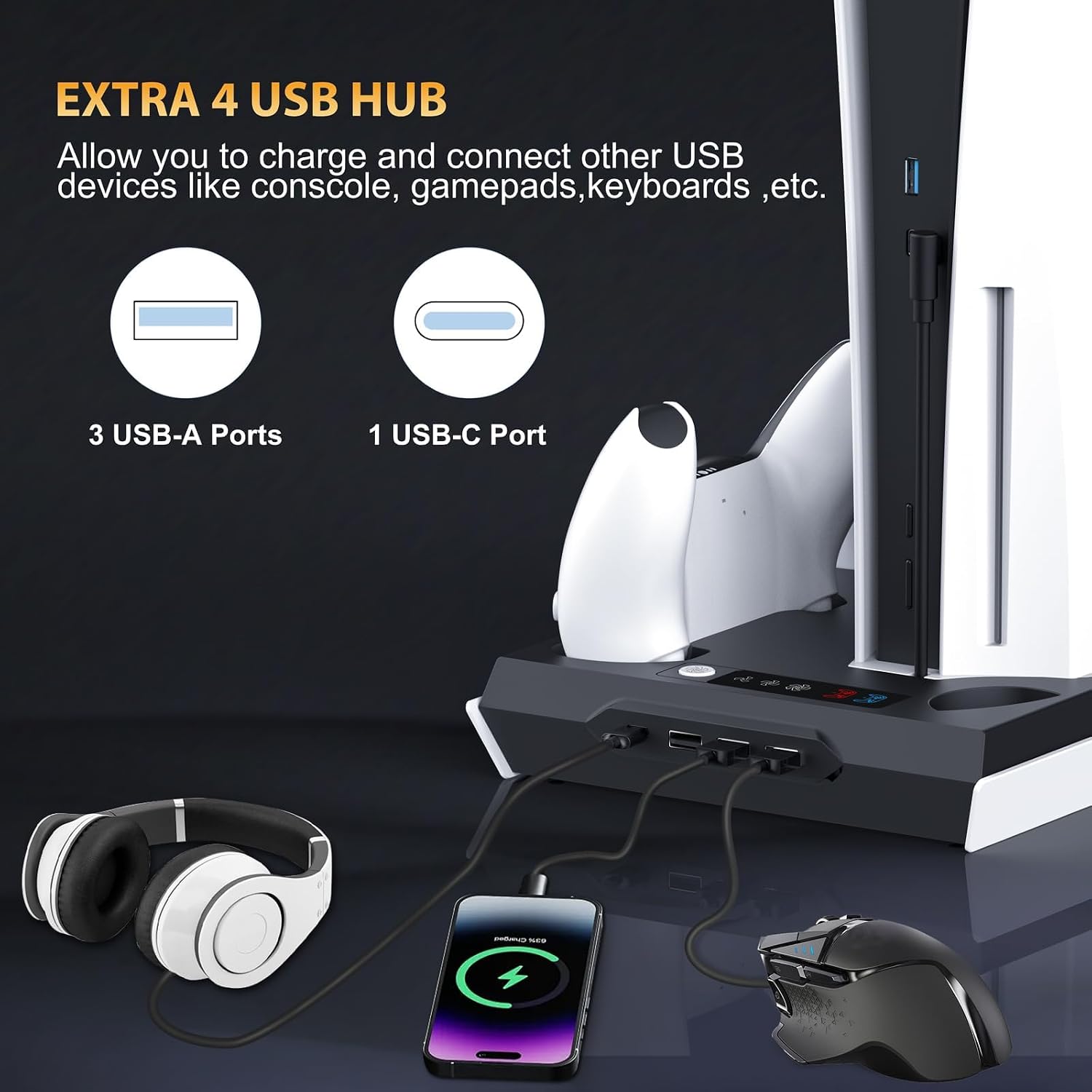 ESTACIÓN DE ENFRIAMIENTO PS5 FIVTEK CON CARGADOR DUAL DE CONTROLES, VENTILADOR Y HUB USB - 5