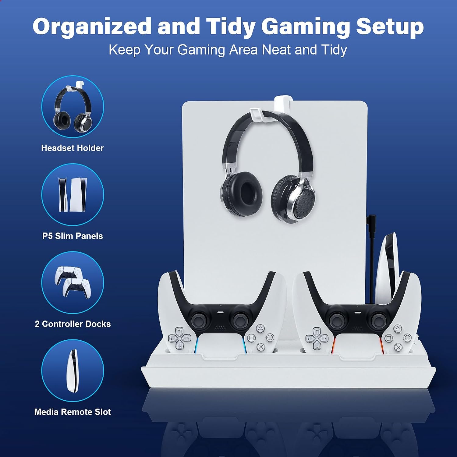 ESTACIÓN DE CARGA Y ENFRIAMIENTO FIVTEK PARA PS5 CON SOPORTE PARA AURICULARES Y HUB USB - 3