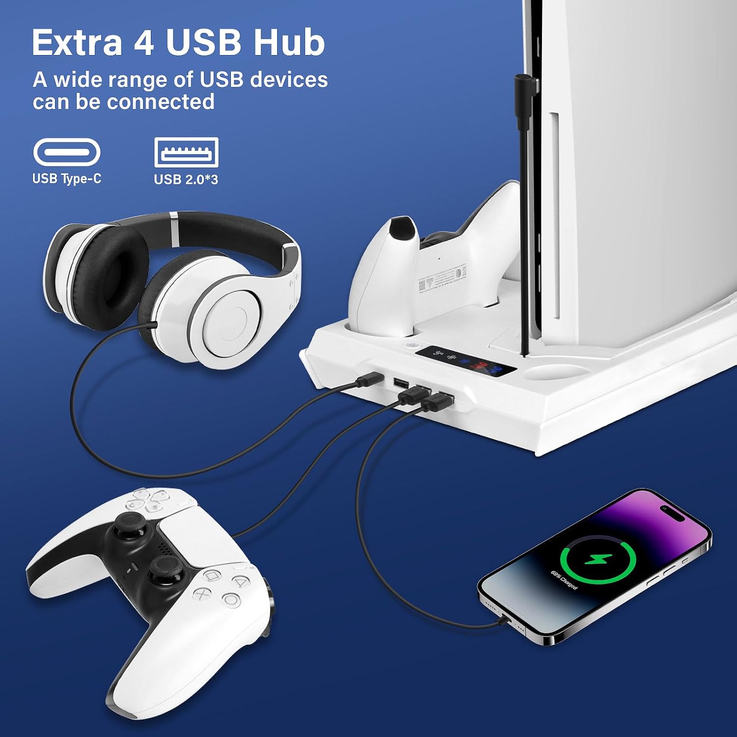 ESTACIÓN DE CARGA Y ENFRIAMIENTO FIVTEK PARA PS5 CON SOPORTE PARA AURICULARES Y HUB USB - 4