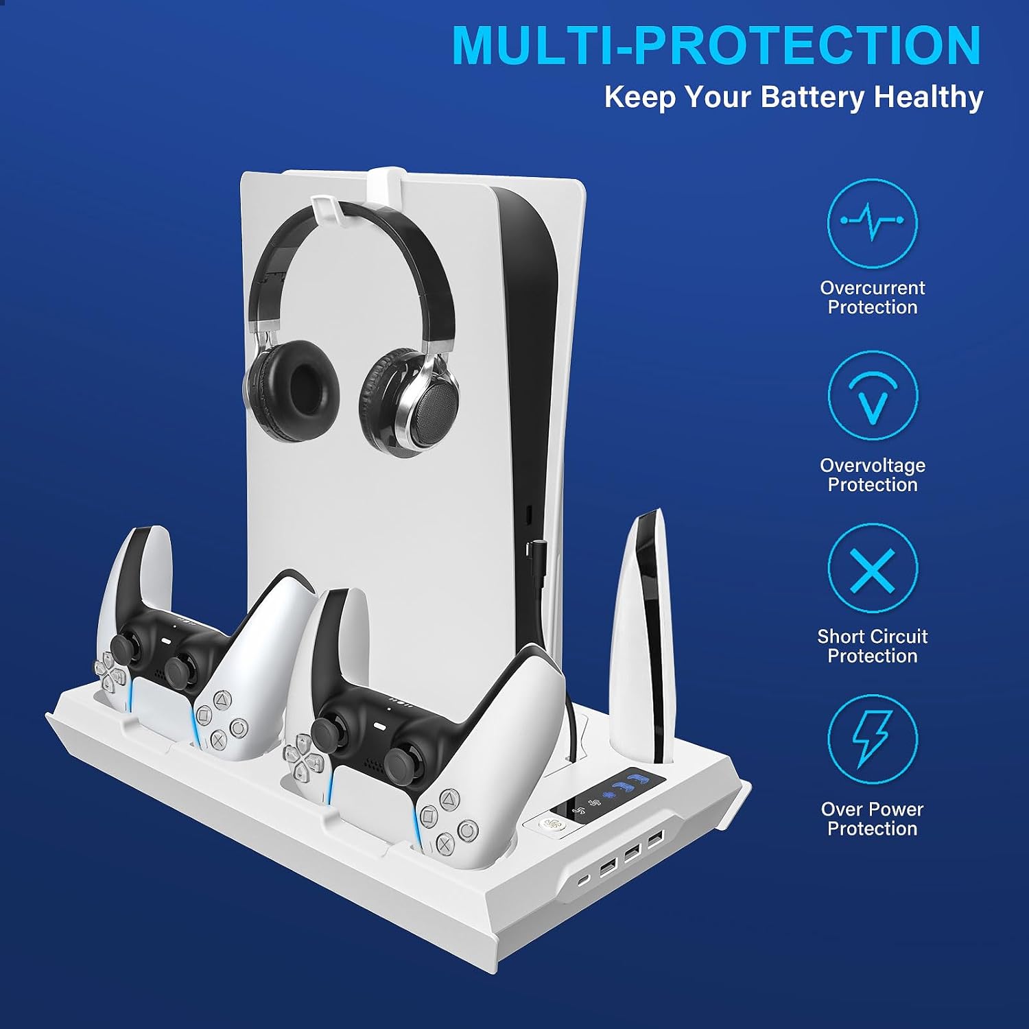 ESTACIÓN DE CARGA Y ENFRIAMIENTO FIVTEK PARA PS5 CON SOPORTE PARA AURICULARES Y HUB USB - 5