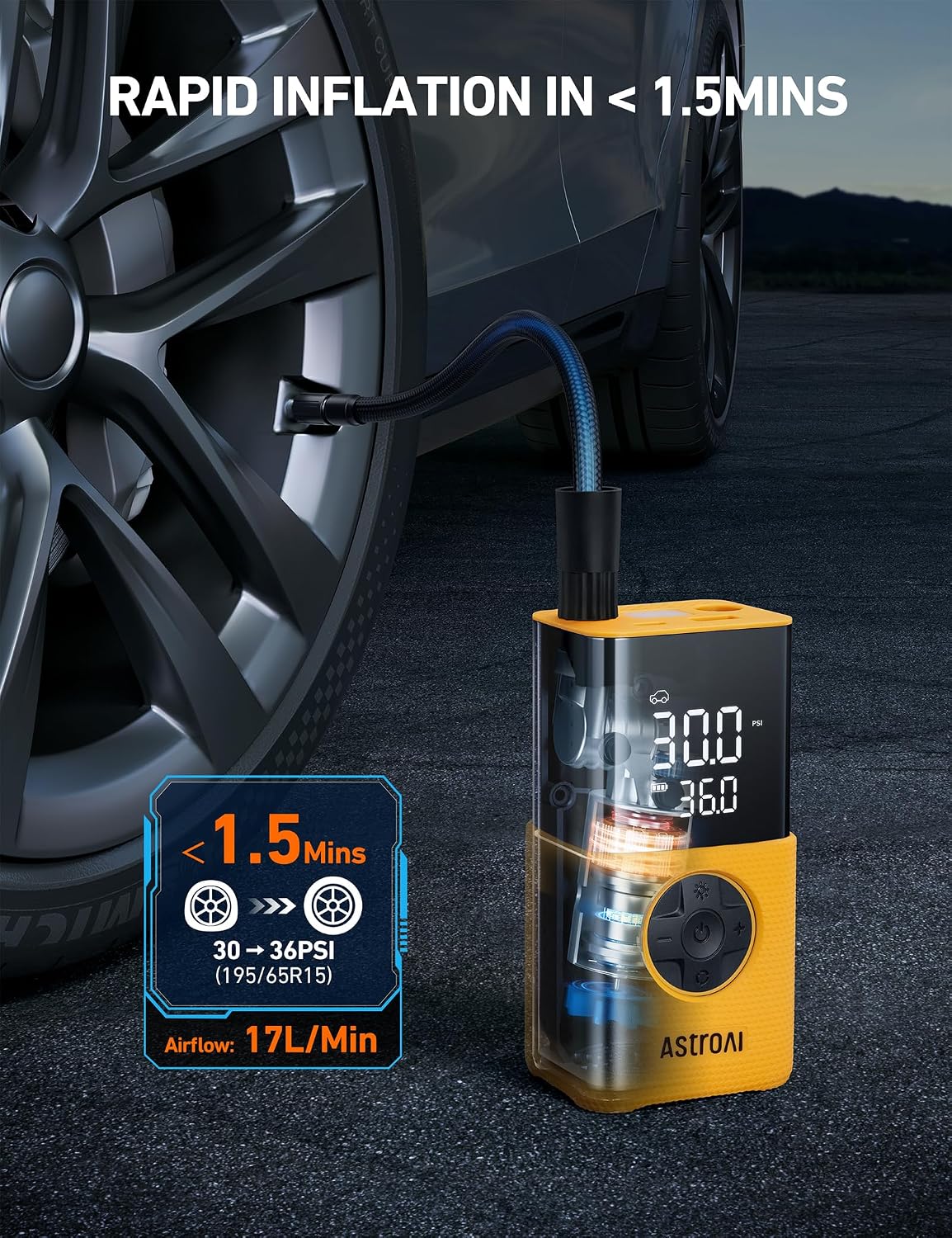 COMPRESOR DE AIRE PORTÁTIL ASTROAI L7S CON MANÓMETRO DIGITAL 150 PSI AMARILLO - 4