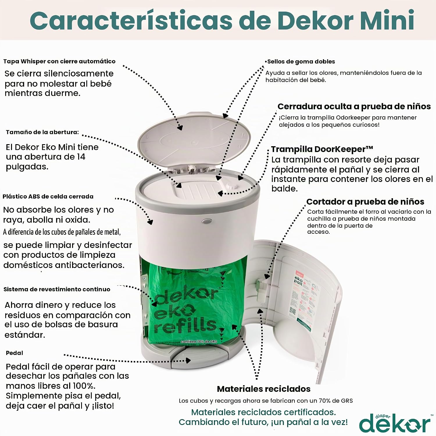 PAÑALERA DIAPER DEKOR EKO MINI BLANCA CON SISTEMA DE REFILL ECOLÓGICO - 2