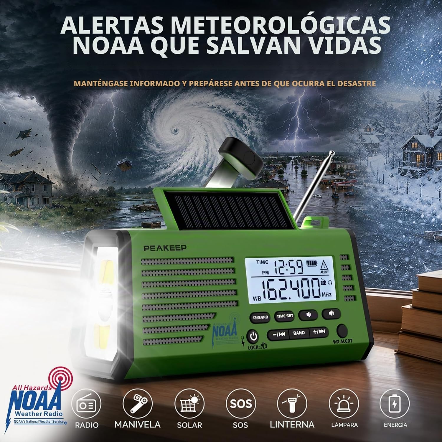 RADIO DE EMERGENCIA PEAKEEP NOAA CON ALERTA METEOROLÓGICA, BATERÍA, SOLAR Y MANIVELA - 2