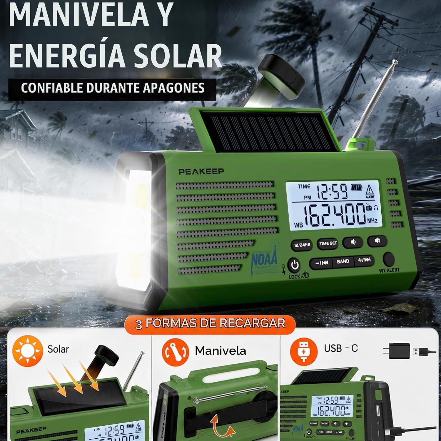 RADIO DE EMERGENCIA PEAKEEP NOAA CON ALERTA METEOROLÓGICA, BATERÍA, SOLAR Y MANIVELA - 4