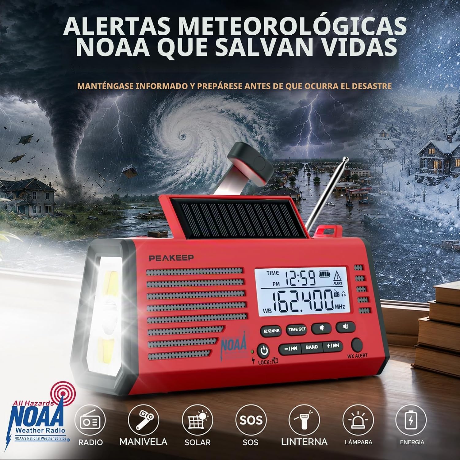 RADIO DE EMERGENCIA PEAKEEP NOAA CON ALERTA METEOROLÓGICA, BATERÍA SOLAR Y MANIVELA - 2