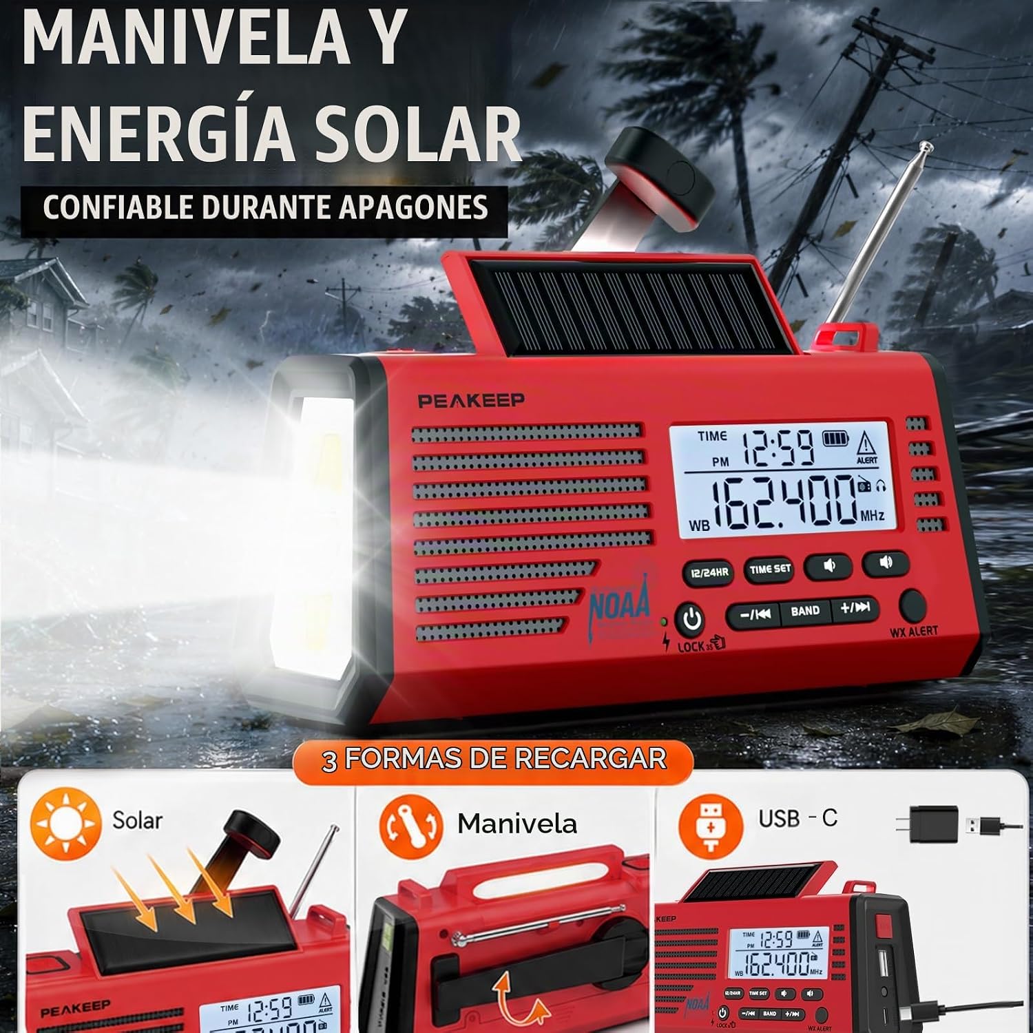 RADIO DE EMERGENCIA PEAKEEP NOAA CON ALERTA METEOROLÓGICA, BATERÍA SOLAR Y MANIVELA - 4
