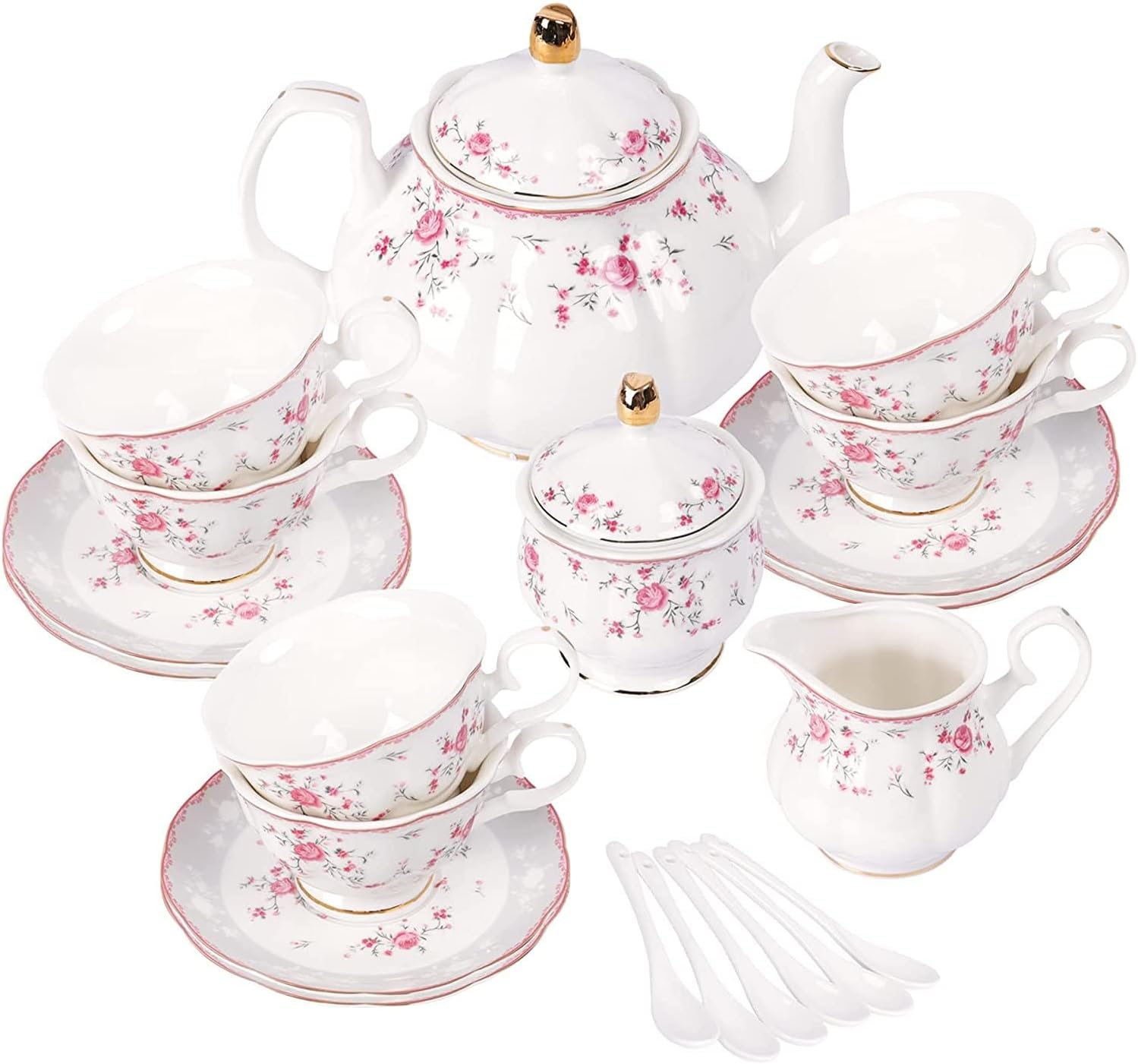 JUEGO DE TÉ DE PORCELANA FANQUARE ESTILO VINTAGE PARA 6 PERSONAS CON FLORES ROSAS - 1