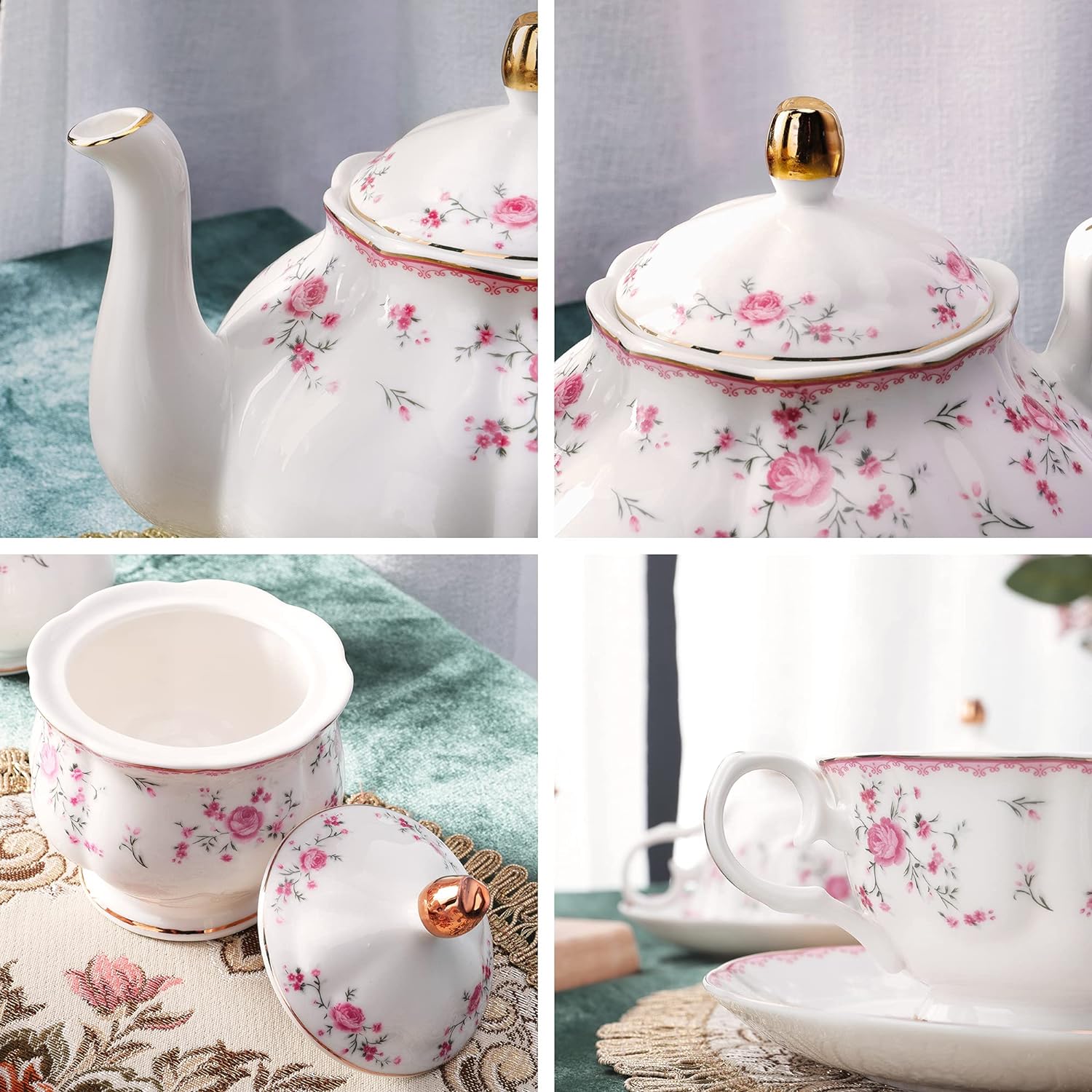 JUEGO DE TÉ DE PORCELANA FANQUARE ESTILO VINTAGE PARA 6 PERSONAS CON FLORES ROSAS - 2