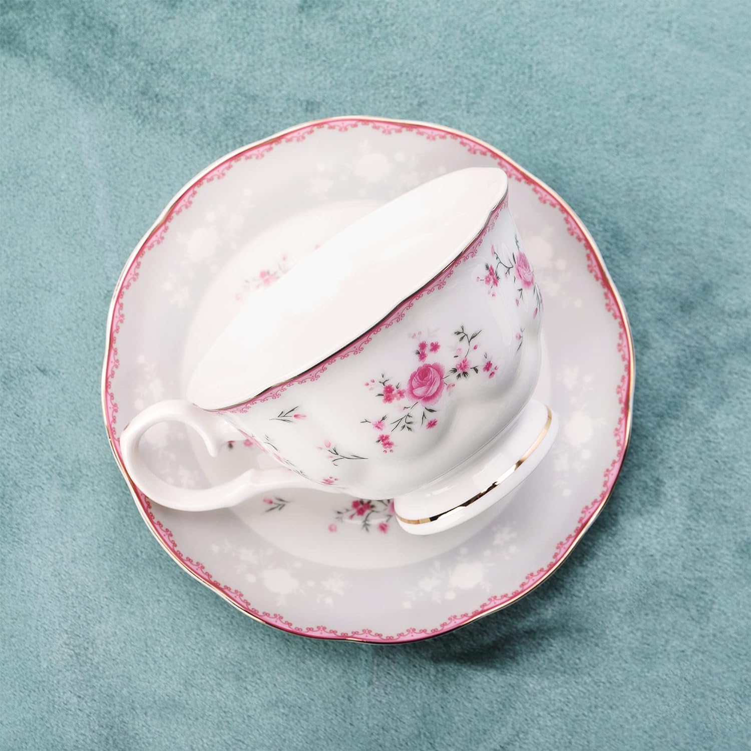 JUEGO DE TÉ DE PORCELANA FANQUARE ESTILO VINTAGE PARA 6 PERSONAS CON FLORES ROSAS - 3