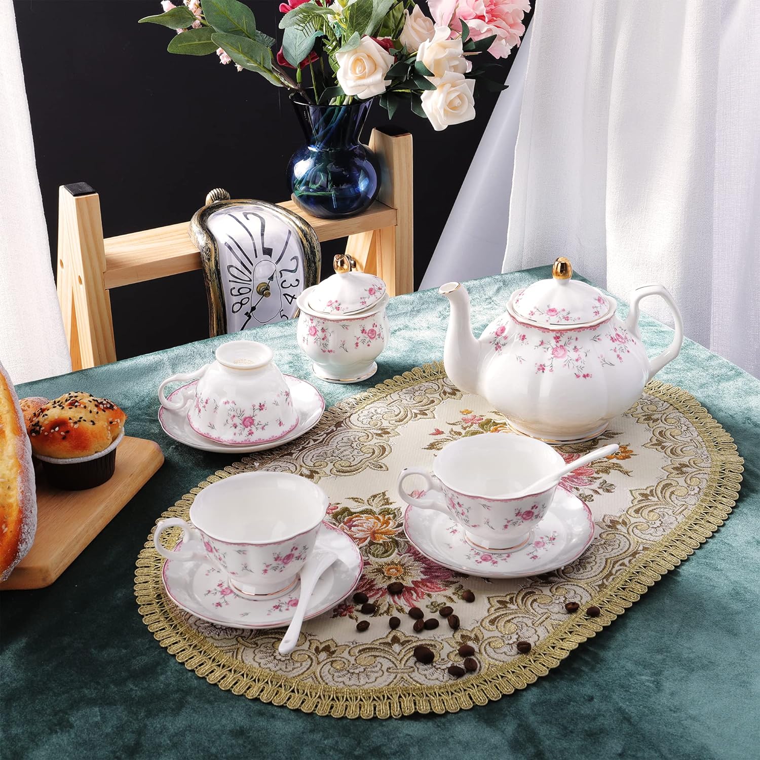 JUEGO DE TÉ DE PORCELANA FANQUARE ESTILO VINTAGE PARA 6 PERSONAS CON FLORES ROSAS - 5