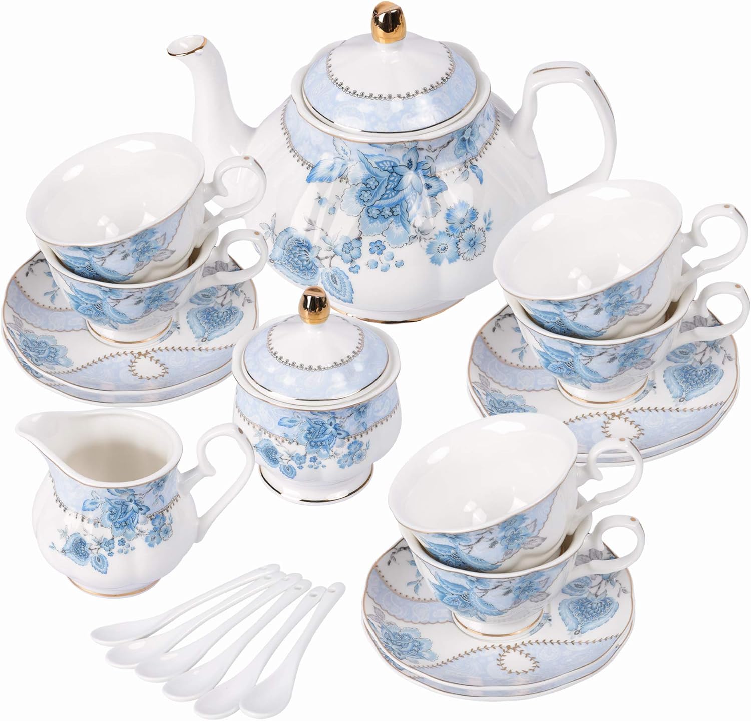 JUEGO DE TÉ DE PORCELANA FANQUARE FLORES AZULES PARA 6 PERSONAS - 1