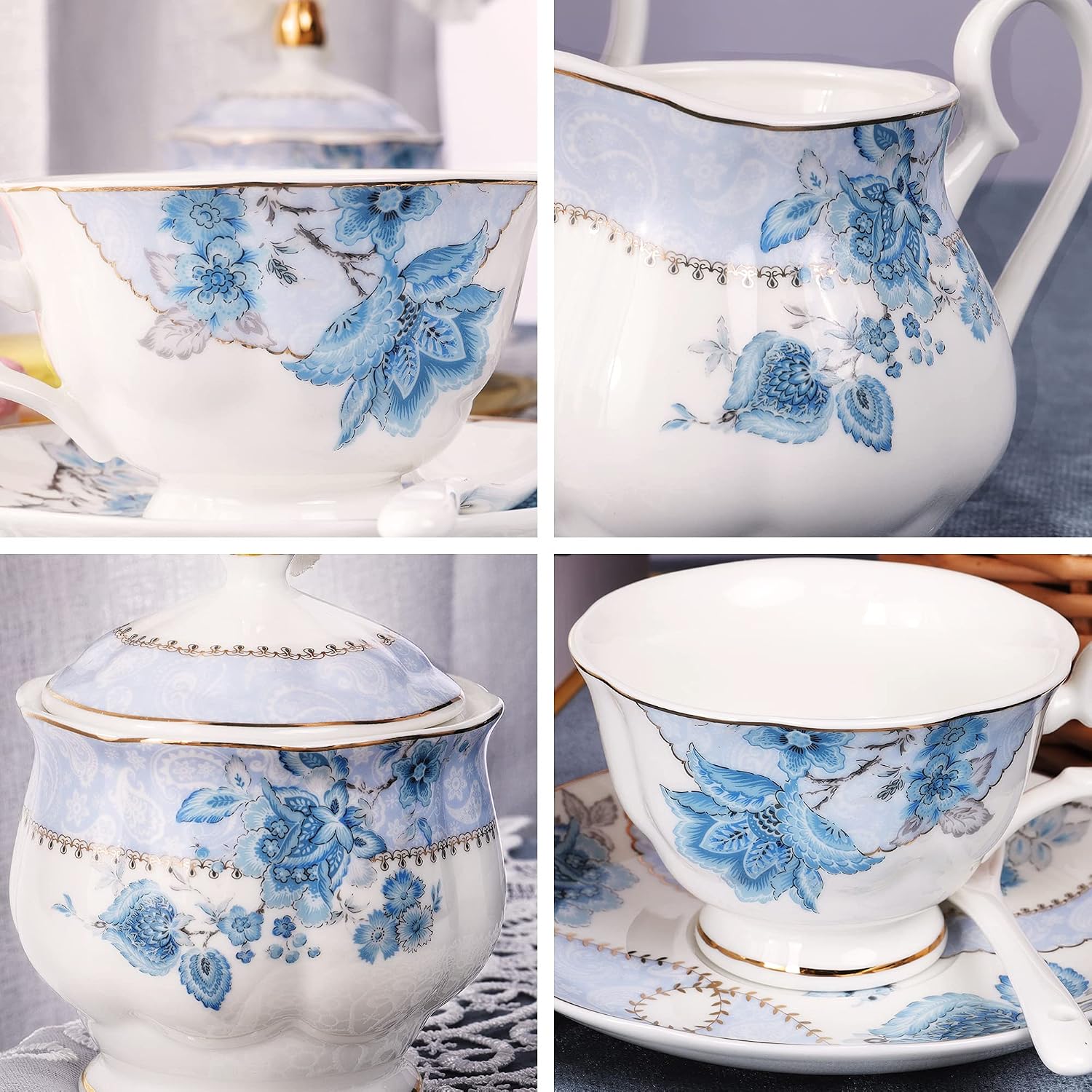 JUEGO DE TÉ DE PORCELANA FANQUARE FLORES AZULES PARA 6 PERSONAS - 2