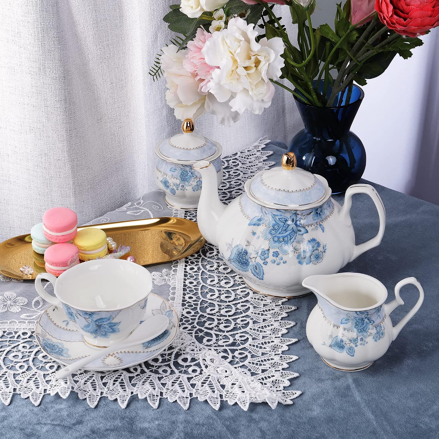 JUEGO DE TÉ DE PORCELANA FANQUARE FLORES AZULES PARA 6 PERSONAS - 3