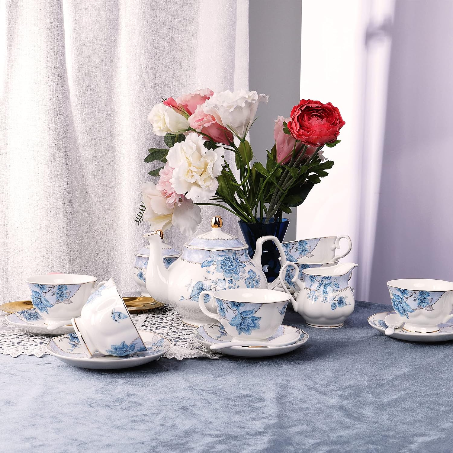 JUEGO DE TÉ DE PORCELANA FANQUARE FLORES AZULES PARA 6 PERSONAS - 5