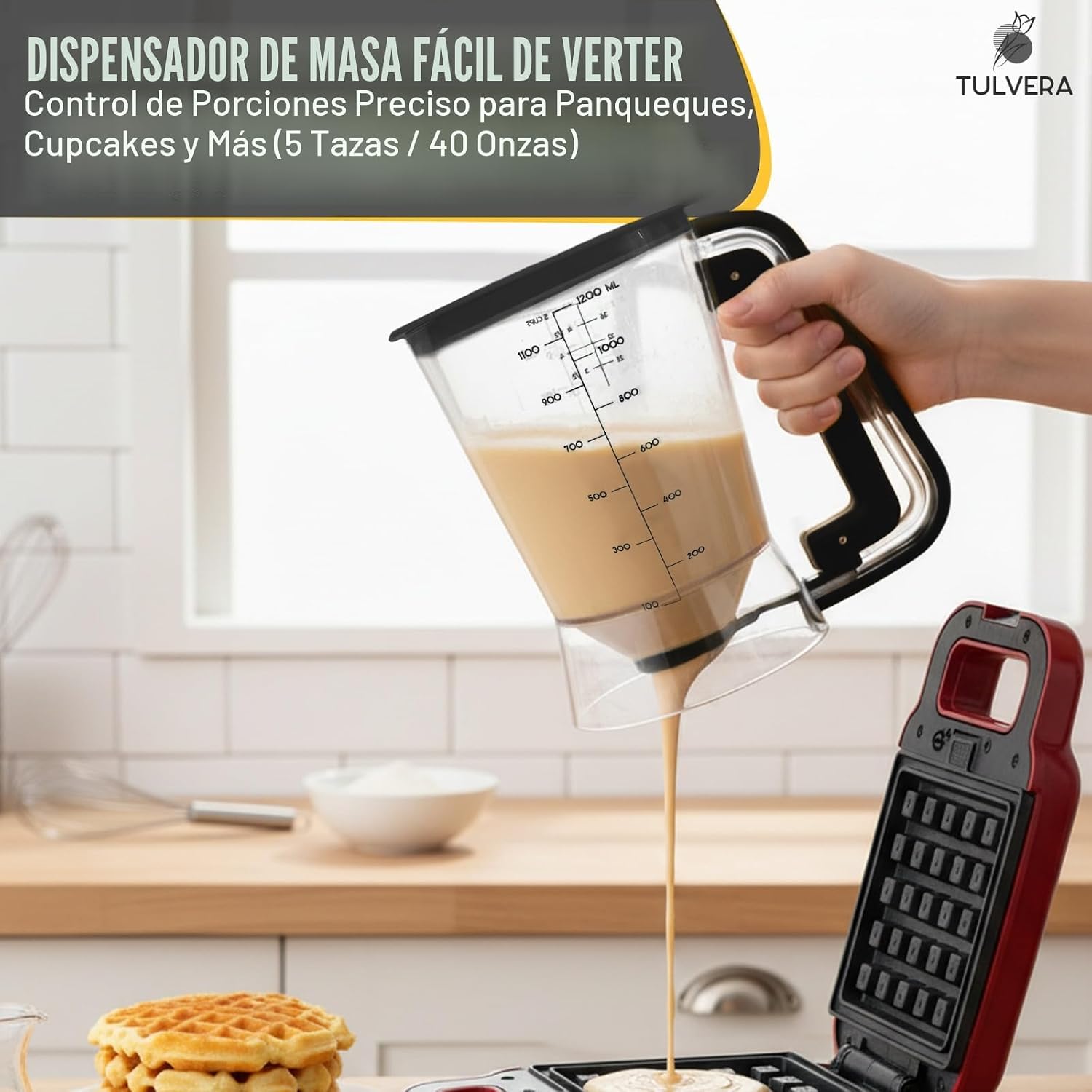 DISPENSADOR DE MASA PARA PANCAKES TULVERA 5 TAZAS CON CONTROL DE PORCIONES COLOR NEGRO - 2