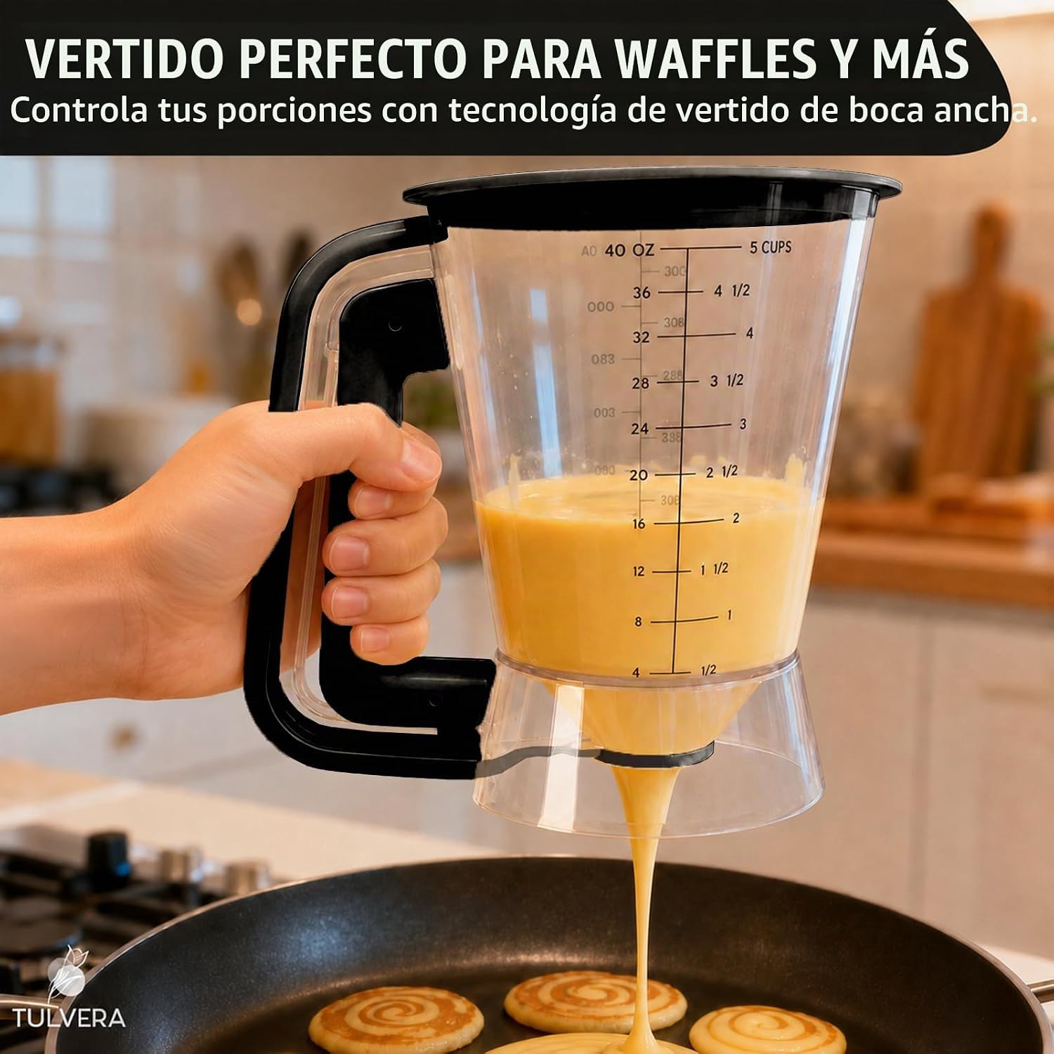DISPENSADOR DE MASA PARA PANCAKES TULVERA 5 TAZAS CON CONTROL DE PORCIONES COLOR NEGRO - 5