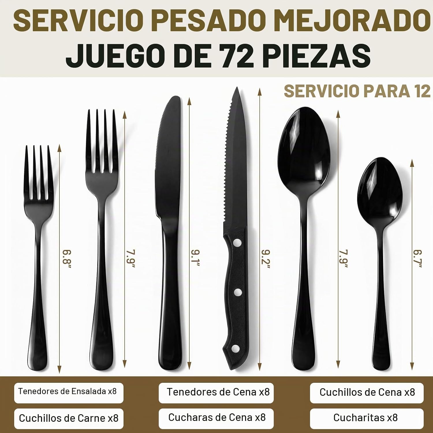 JUEGO DE CUBIERTOS KIKCOIN 72 PIEZAS ACERO INOXIDABLE NEGRO PARA 12 PERSONAS - 4
