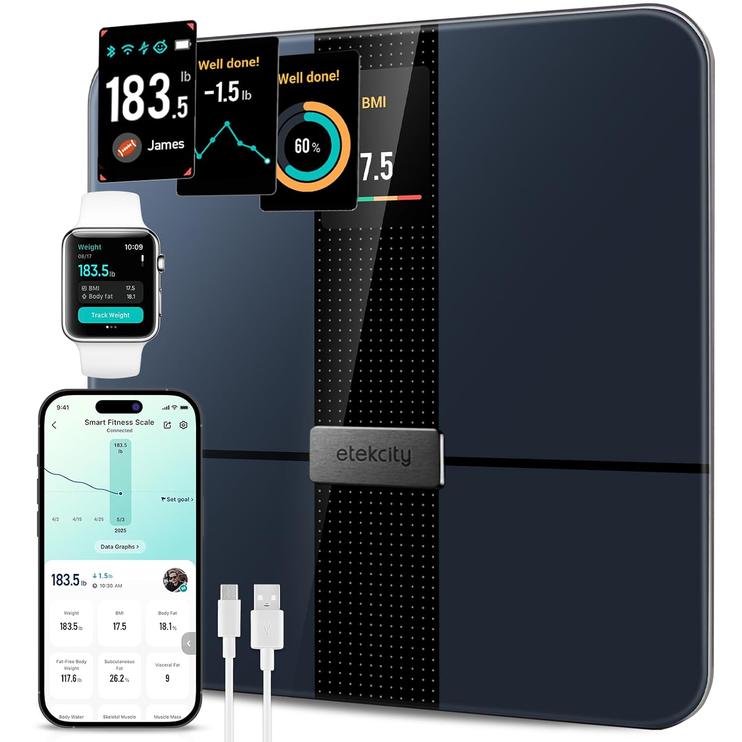 BALANZA INTELIGENTE ETEKCITY CON ANÁLISIS DE GRASA CORPORAL Y BMI, COLOR NEGRO - 1