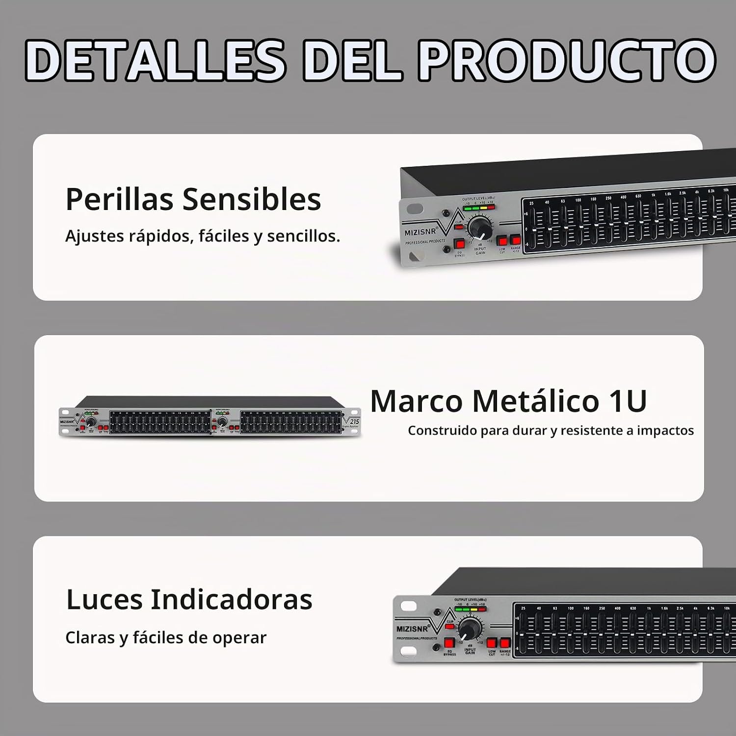 ECUALIZADOR GRÁFICO 15 BANDAS ESTÉREO DUAL CHANNEL MIZISNR EQ-215S RACK MOUNT - 4