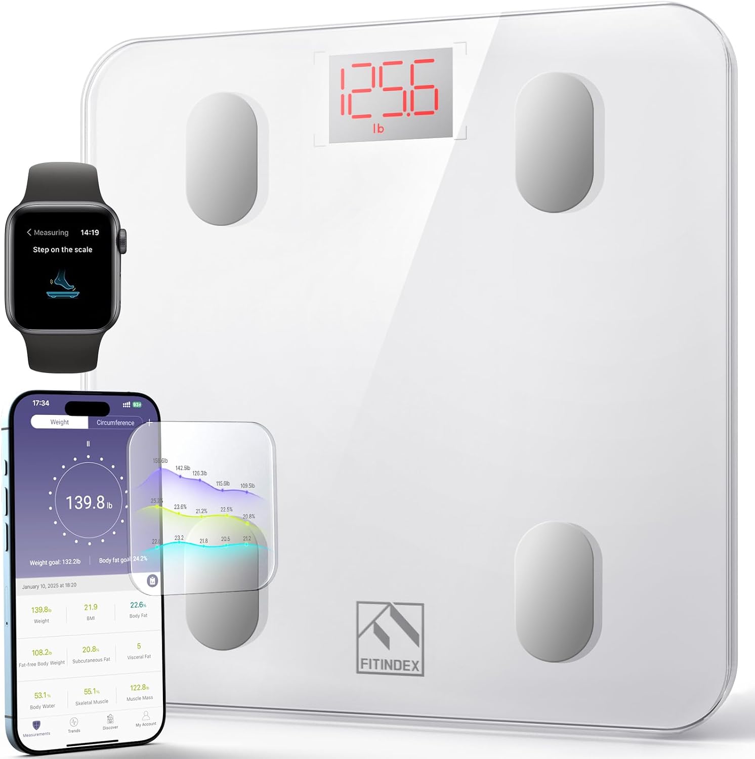 BALANZA INTELIGENTE FITINDEX CON ANÁLISIS DE COMPOSICIÓN CORPORAL Y BLUETOOTH - 1
