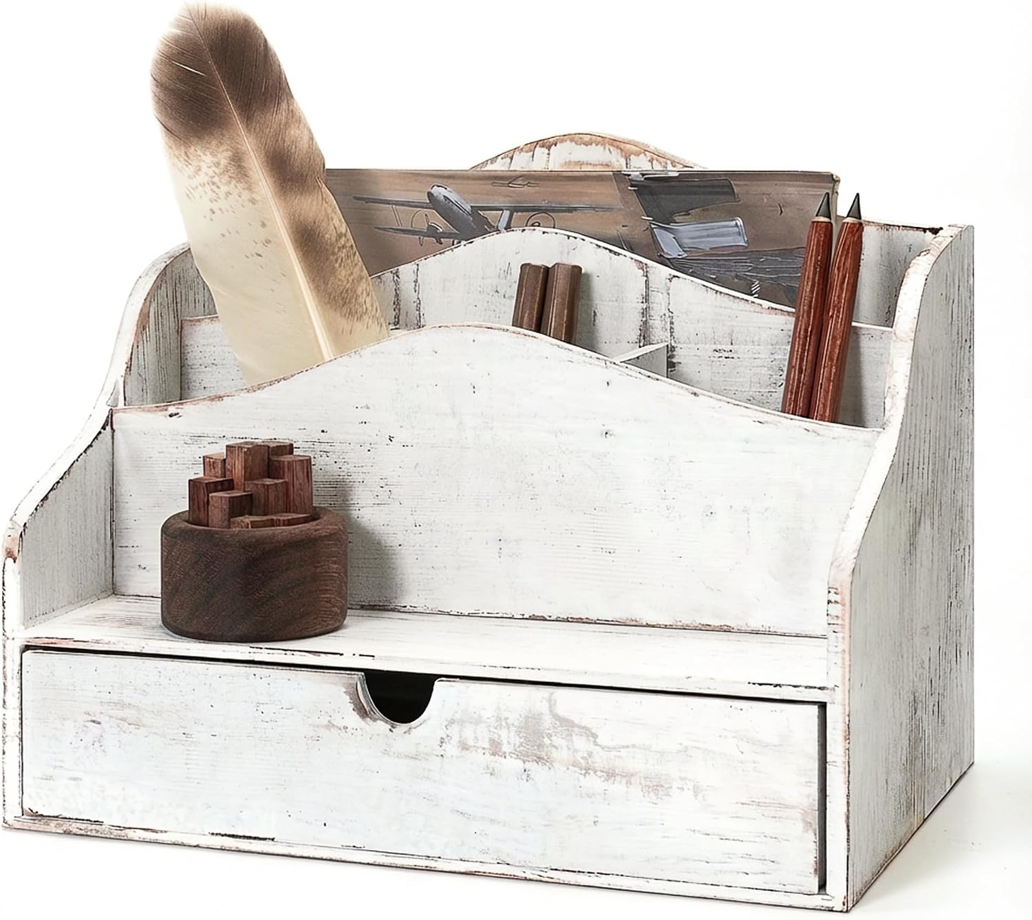 ORGANIZADOR DE ESCRITORIO REBEE VISION CON CAJÓN Y COMPARTIMENTOS, ACABADO BLANCO RÚSTICO - 1
