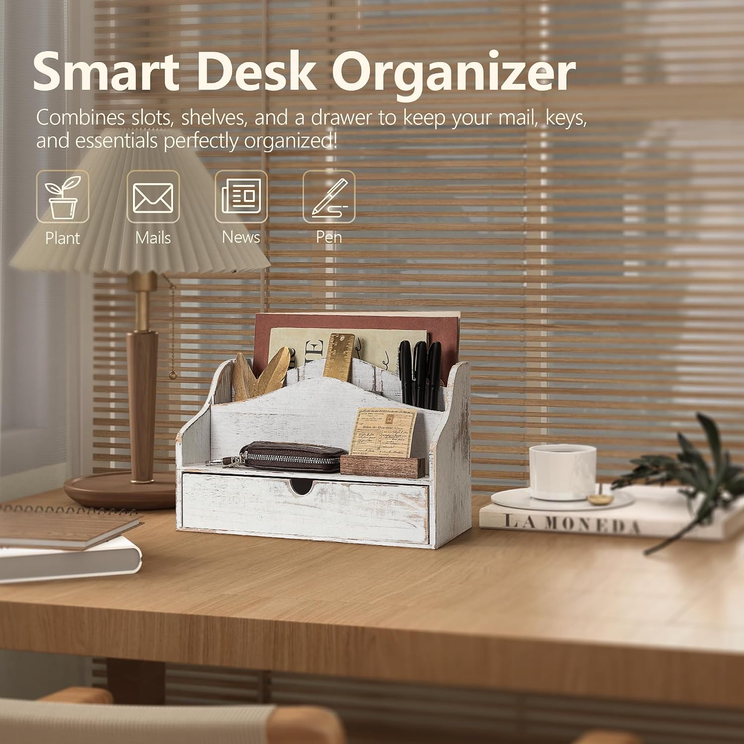 ORGANIZADOR DE ESCRITORIO REBEE VISION CON CAJÓN Y COMPARTIMENTOS, ACABADO BLANCO RÚSTICO - 3