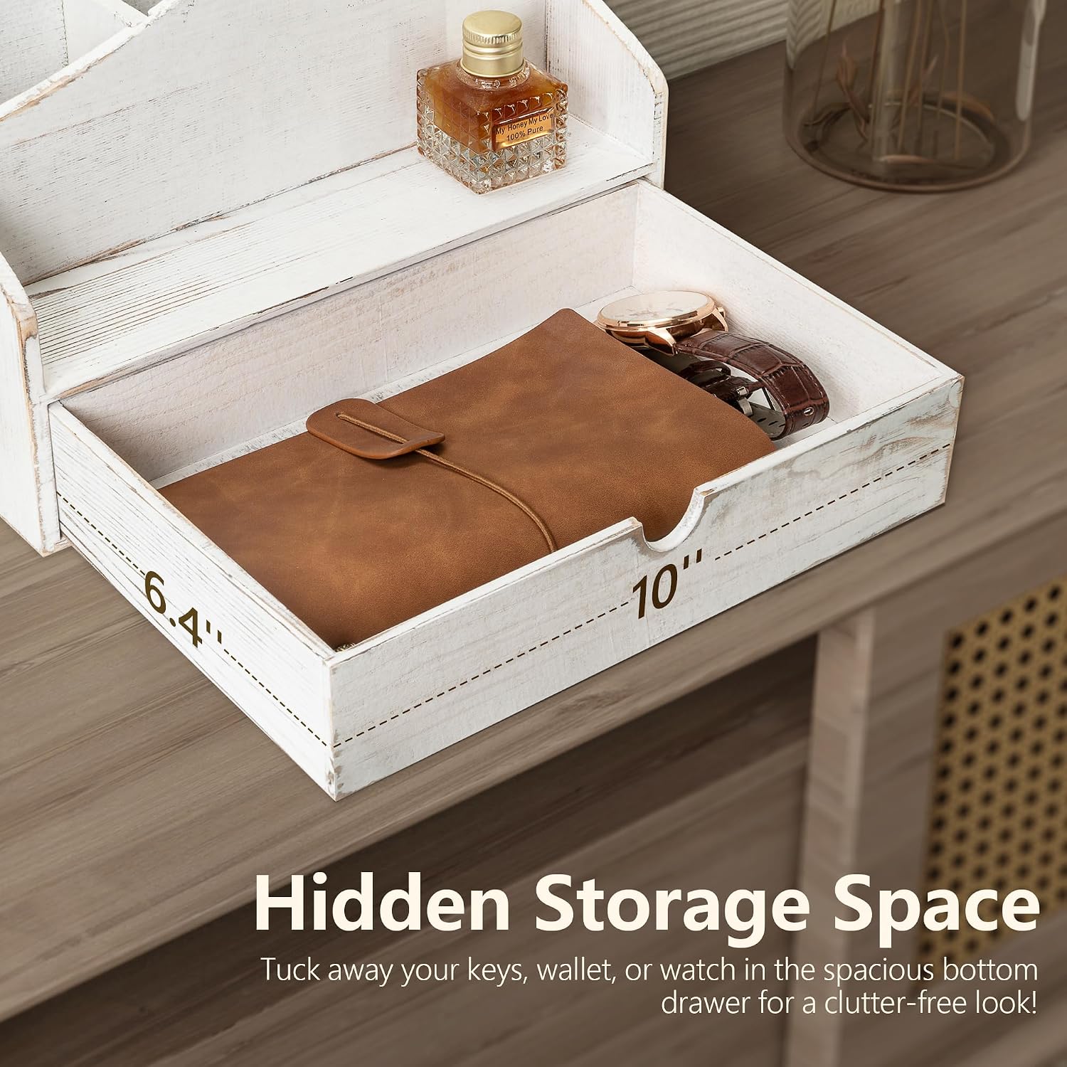ORGANIZADOR DE ESCRITORIO REBEE VISION CON CAJÓN Y COMPARTIMENTOS, ACABADO BLANCO RÚSTICO - 5